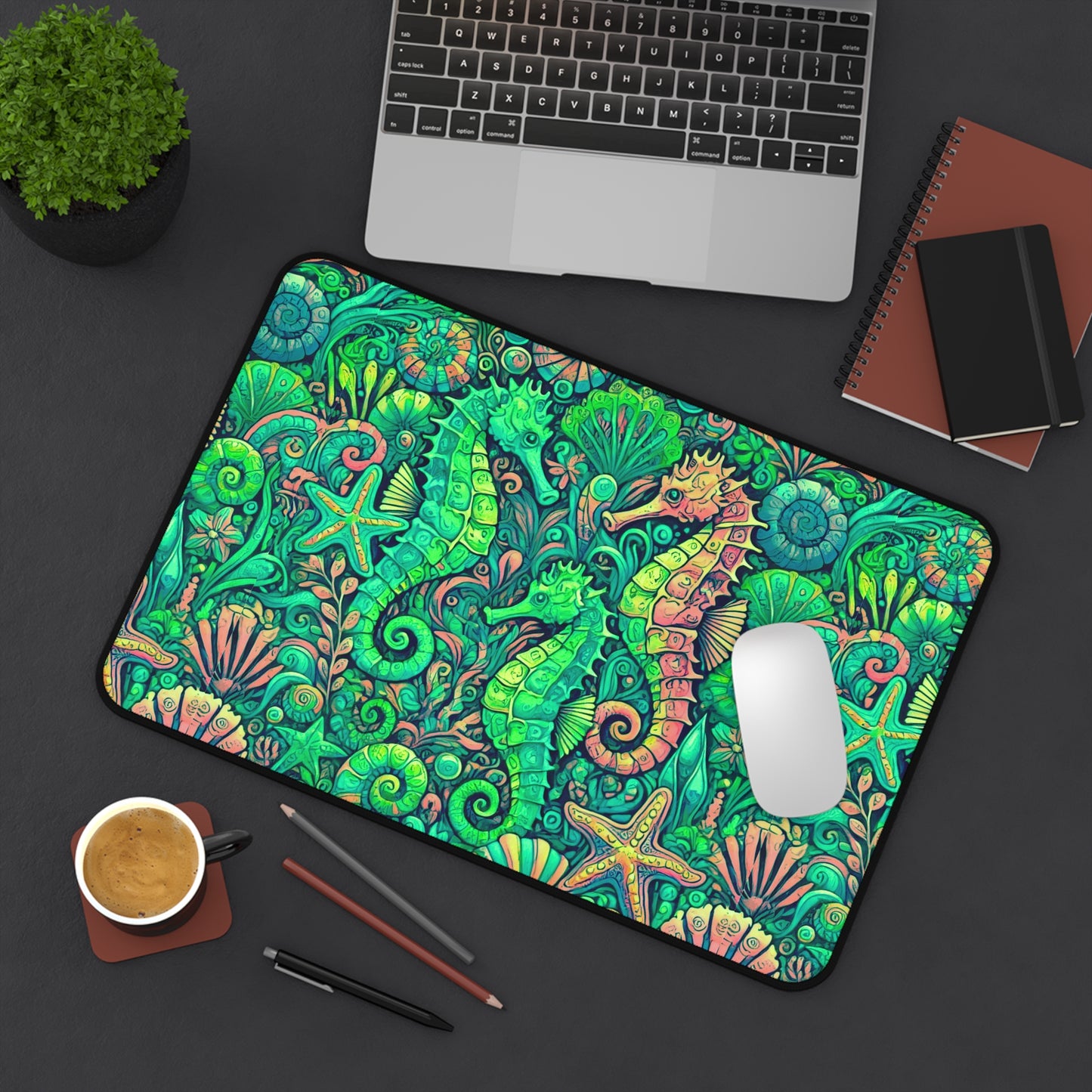 Tropical Mouse Pad/Desk Mat, 3 Sizes - Perfect for Home Office / Seahorses, Hot Lime