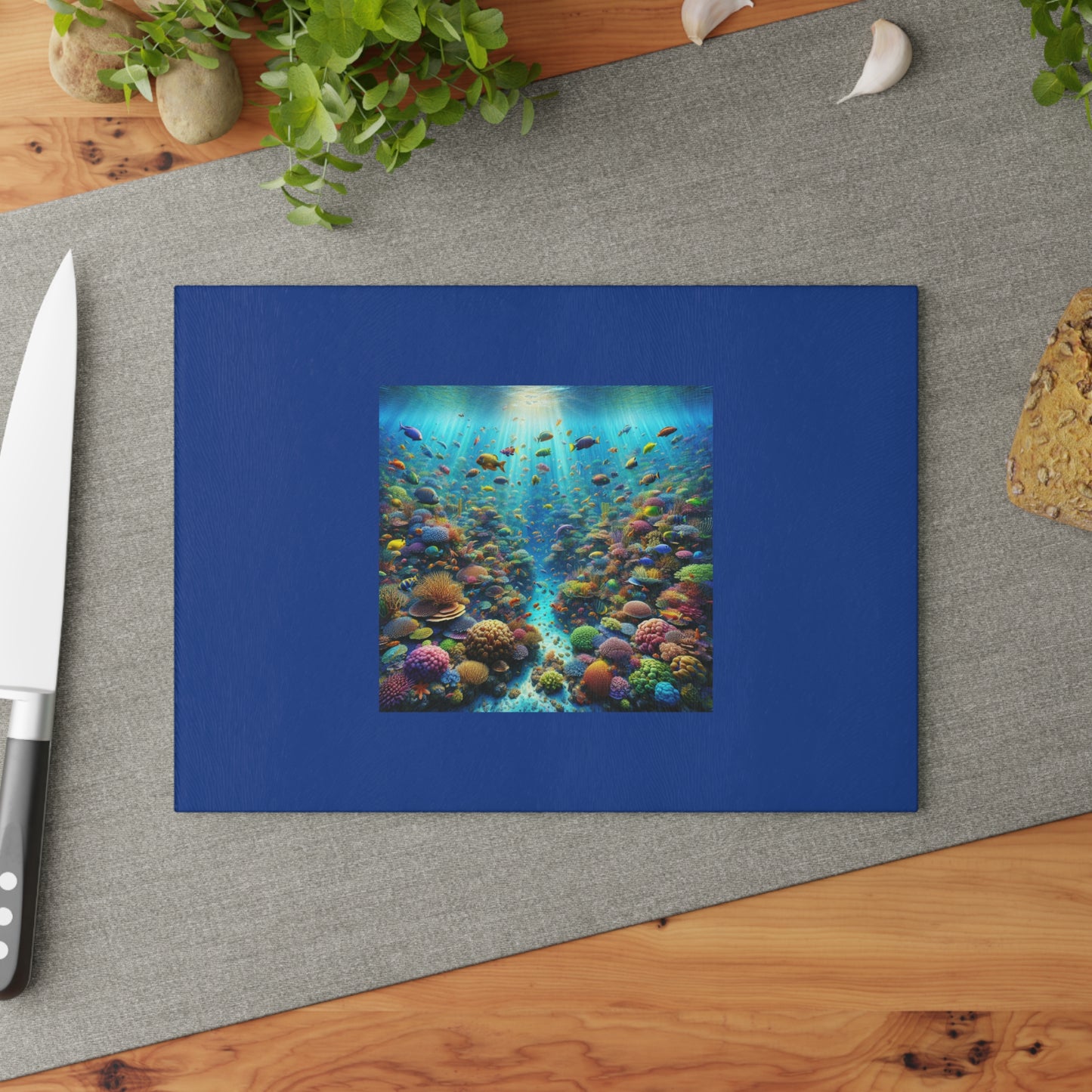 Glass Cutting Board, 2 sizes - Busy Coral Reef/Dark Blue