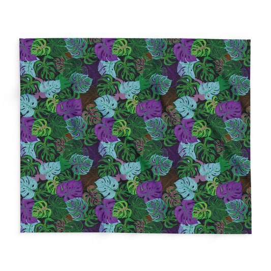 Peacock Vibes Monstera Fleece Blanket - Colorful Tropical Botanical Design