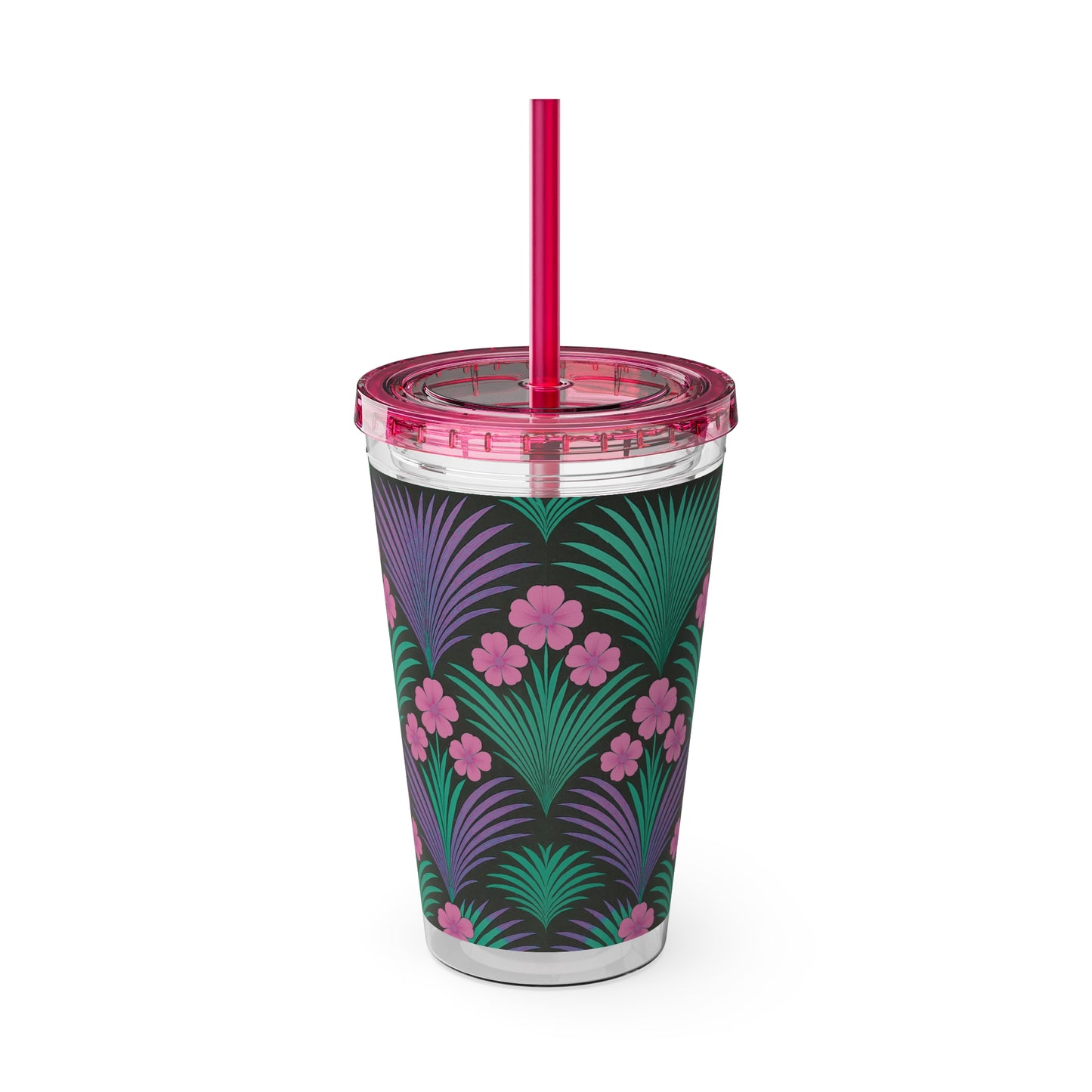 Tropical Tumbler with Straw | 16oz Colorful Travel Cup / Midnight Hibiscus Deco, Pink
