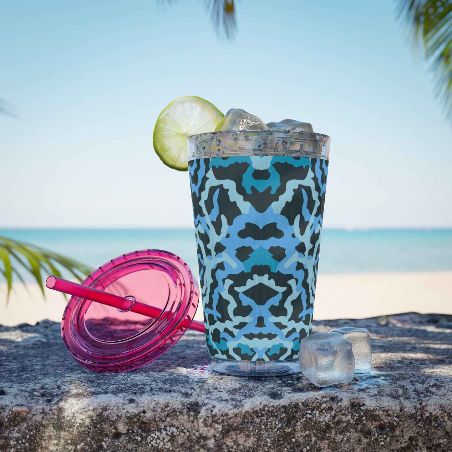 Tropical Tumbler with Straw | 16oz Colorful Travel Cup / Coral Threads, Blue
