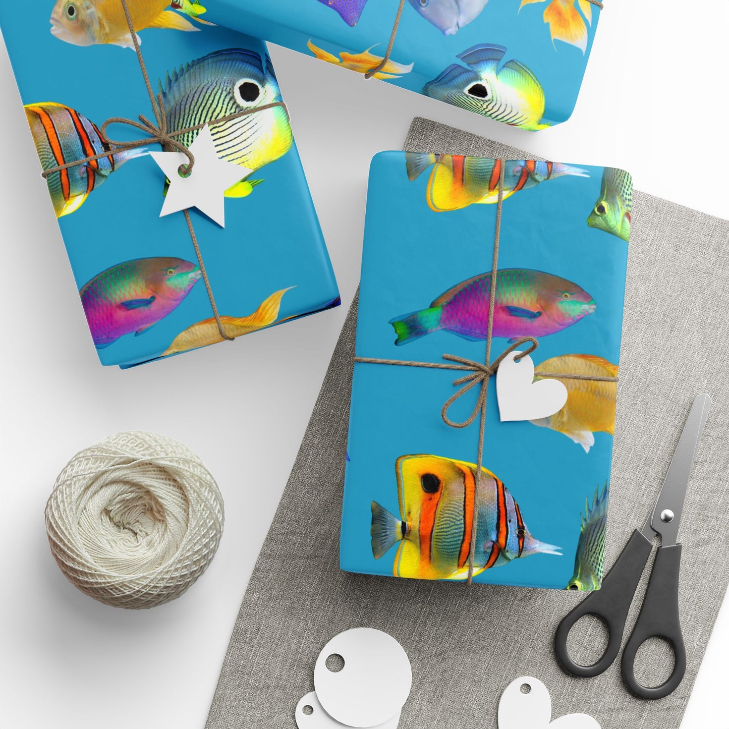 Wrapping Paper - Tropical Gift Wrap for All Occasions, 3 Sizes/2 Finishes / School of Fish, Turquoise