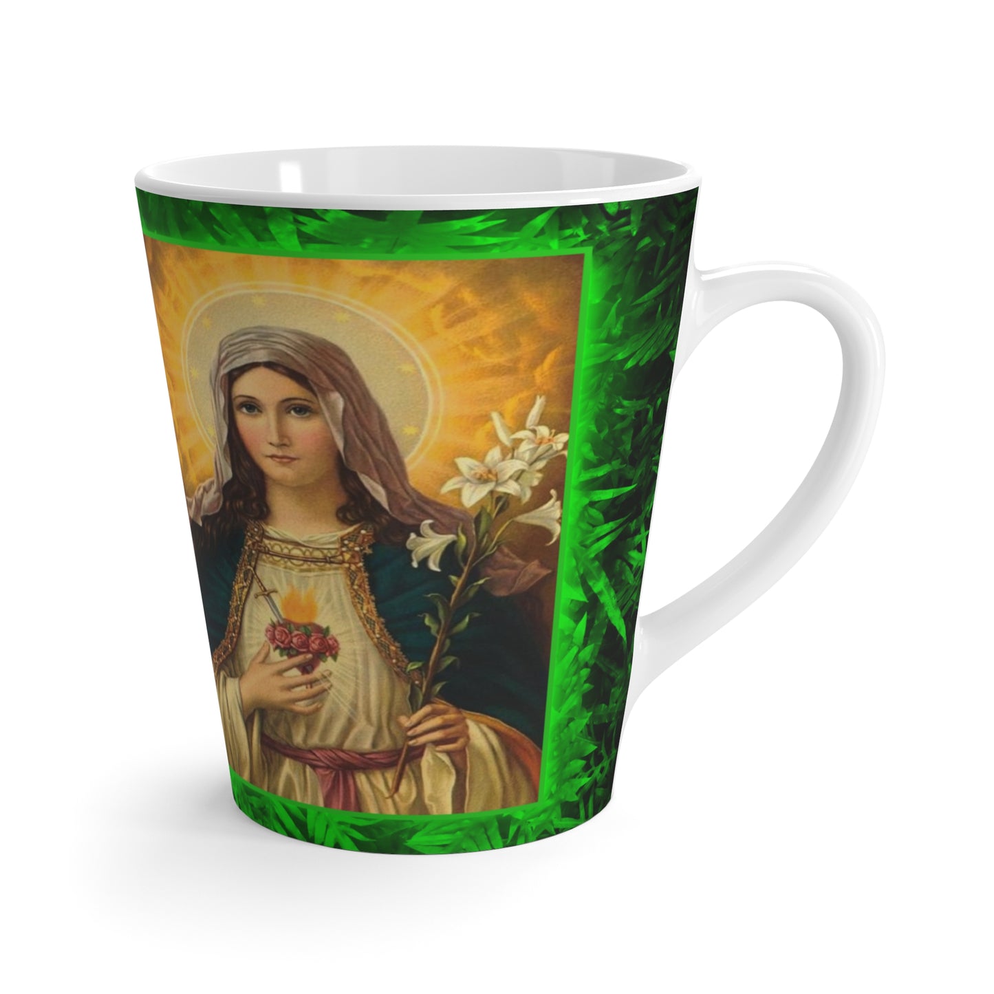 Religious Tropical Glow Jesus and Mary Latte White Mug - Perfect for Plant Lovers & Coffee Enthusiasts