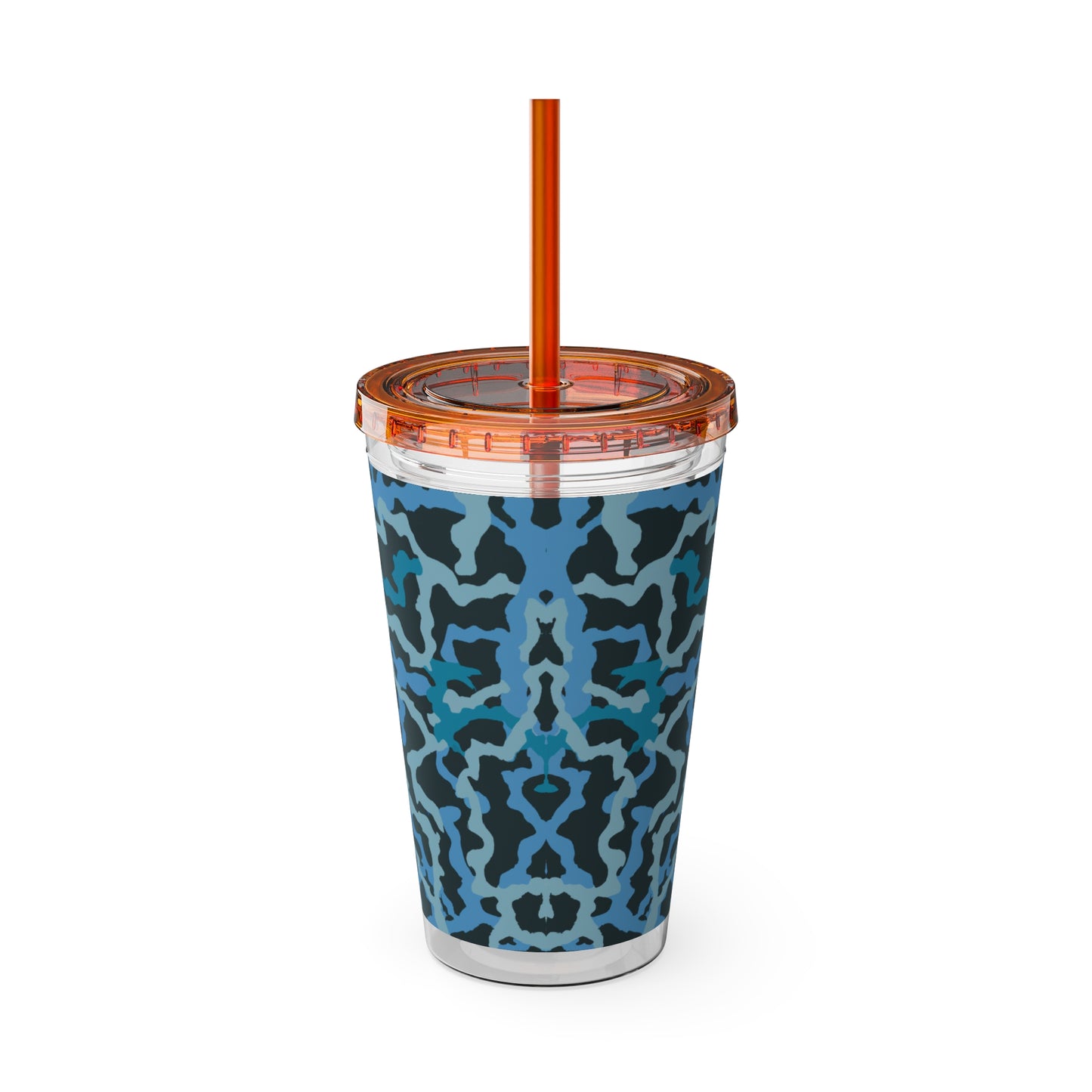 Tropical Tumbler with Straw | 16oz Colorful Travel Cup / Coral Threads, Blue