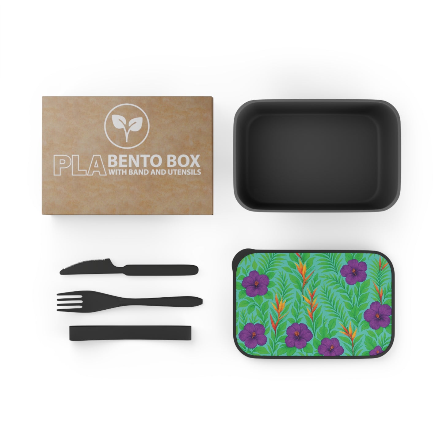 Bento Box with Utensils - Midnight Flower Green