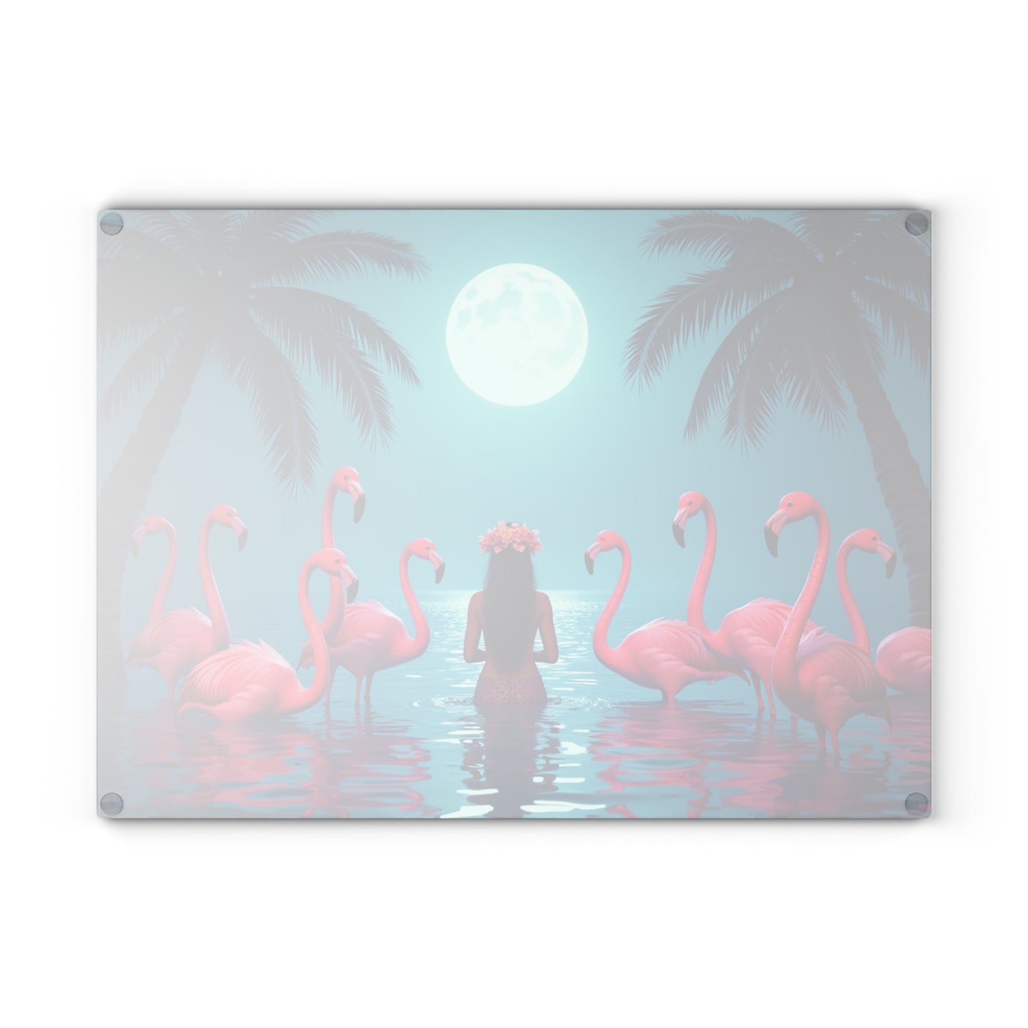 Glass Cutting Board, 2 sizes - Moonlit Mermaid and Flamingos