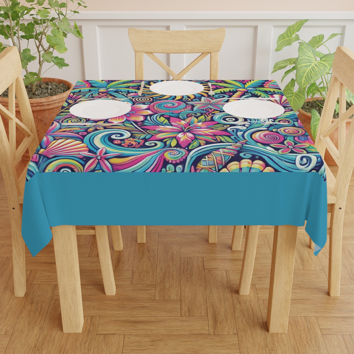 Happy Tropics/Turquoise ~ Square Tablecloth, 55" x 55"