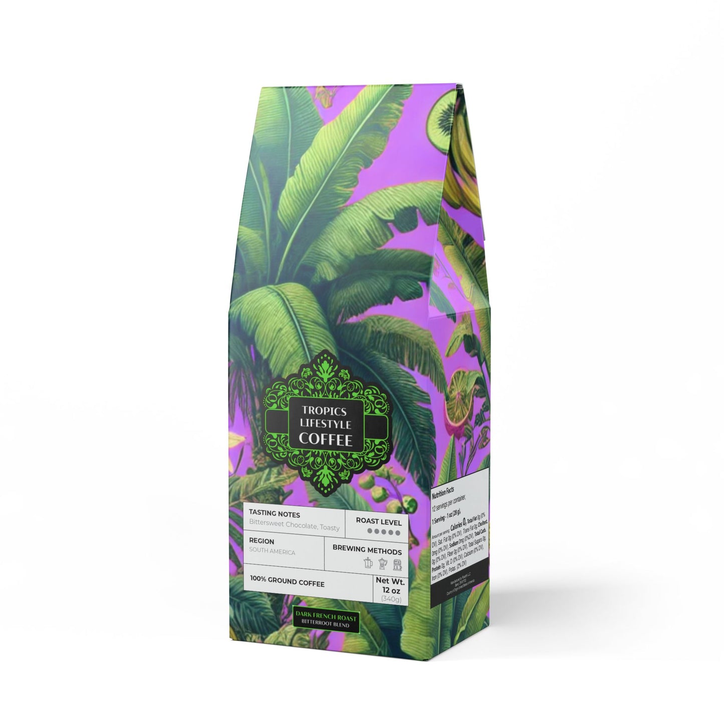 Black Coral Blend™ (Dark French Roast) Specialty Grade Craft Coffee / Palms and More Tropical Fruit, Lilac