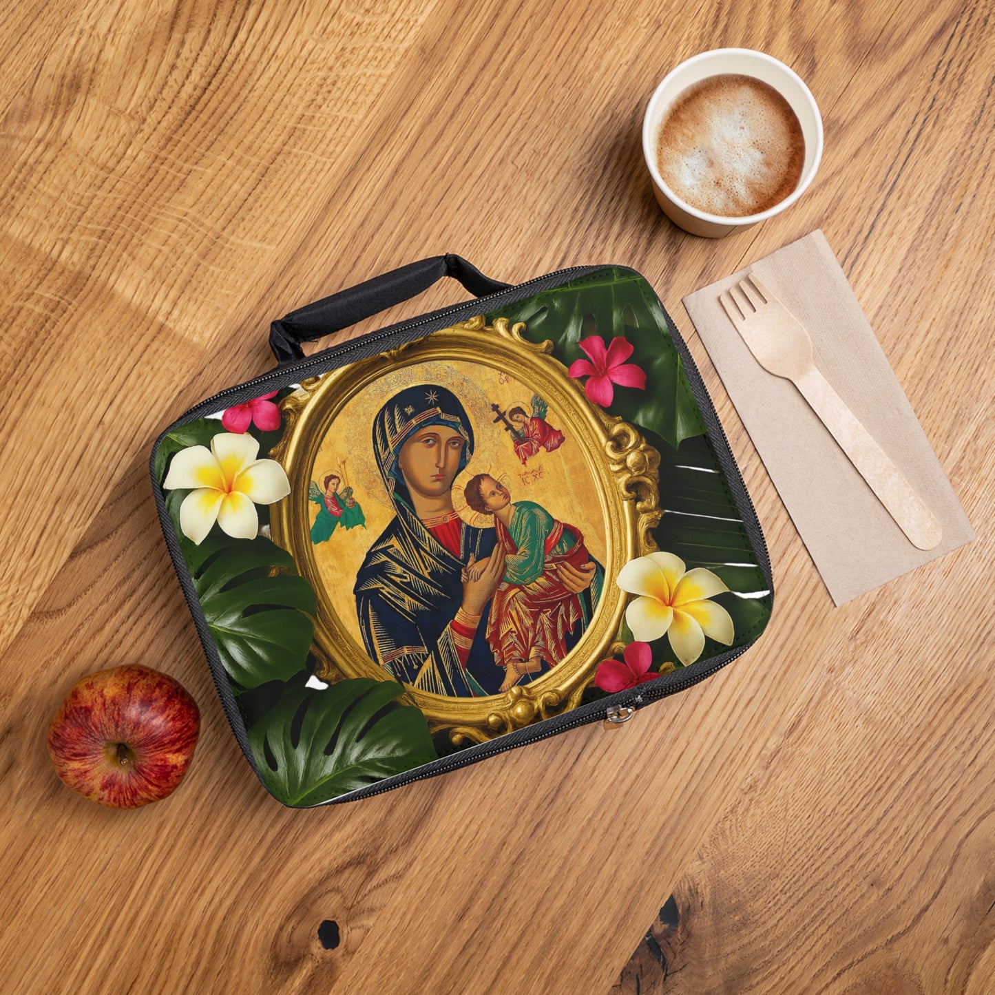 Our Lady of Guadalupe/Monstera, Religious Beach Lunch Bag - Eco-Friendly Insulated Tote, Adult and Child Lunchbox / Perfect for Picnics, Beach Outings