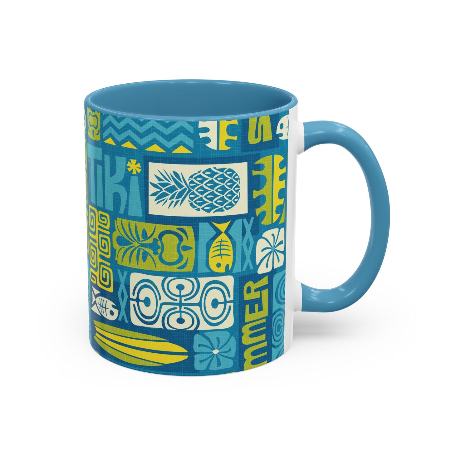 Accent Coffee Mug (11, 15oz), 8 Colors - Tiki Poster Blue