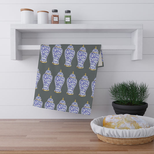 TeaTowels (cotton, poly), Blue and Gold Ginger Jar repeat dark grey