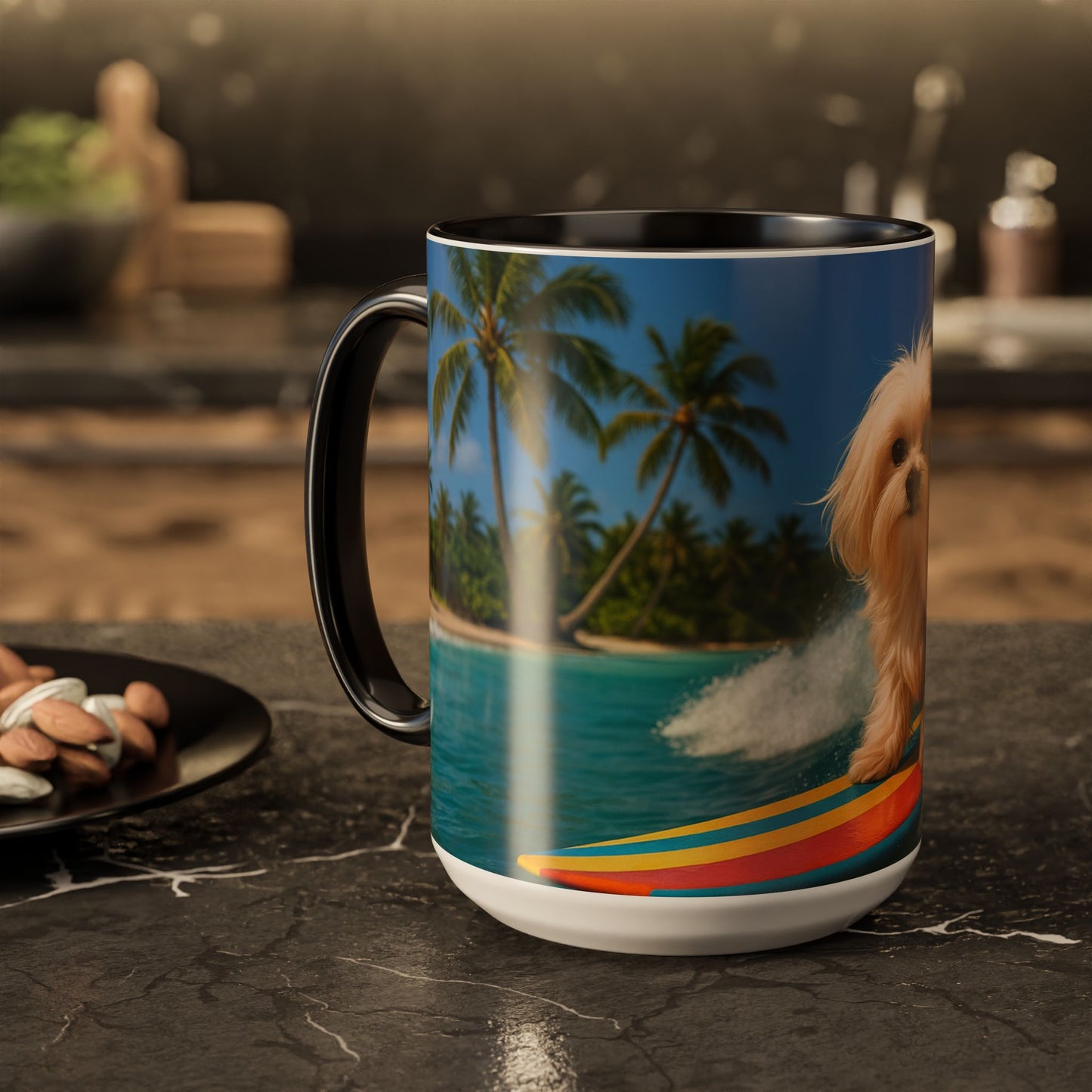 Vibrant Beach Coffee Mug - 11oz & 15oz / Puppy Ariel the Dog Surfer