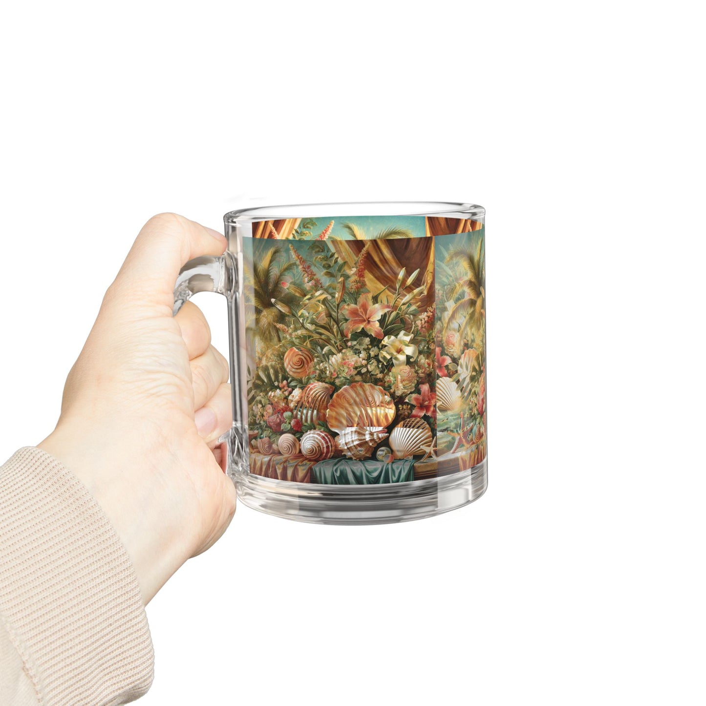 Tropical Glass Mug - 10oz Coffee Cup / Shell and Flower Tablescape