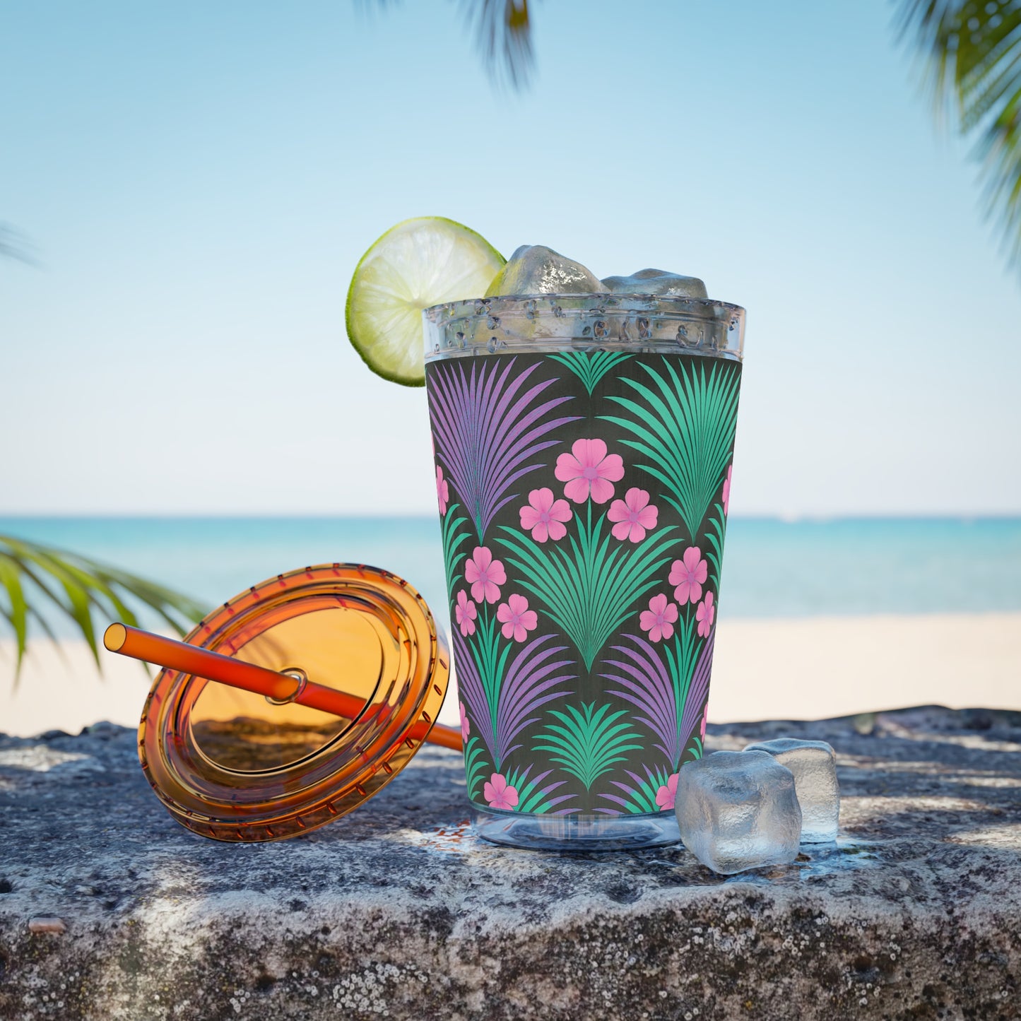 Tropical Tumbler with Straw | 16oz Colorful Travel Cup / Midnight Hibiscus Deco, Pink