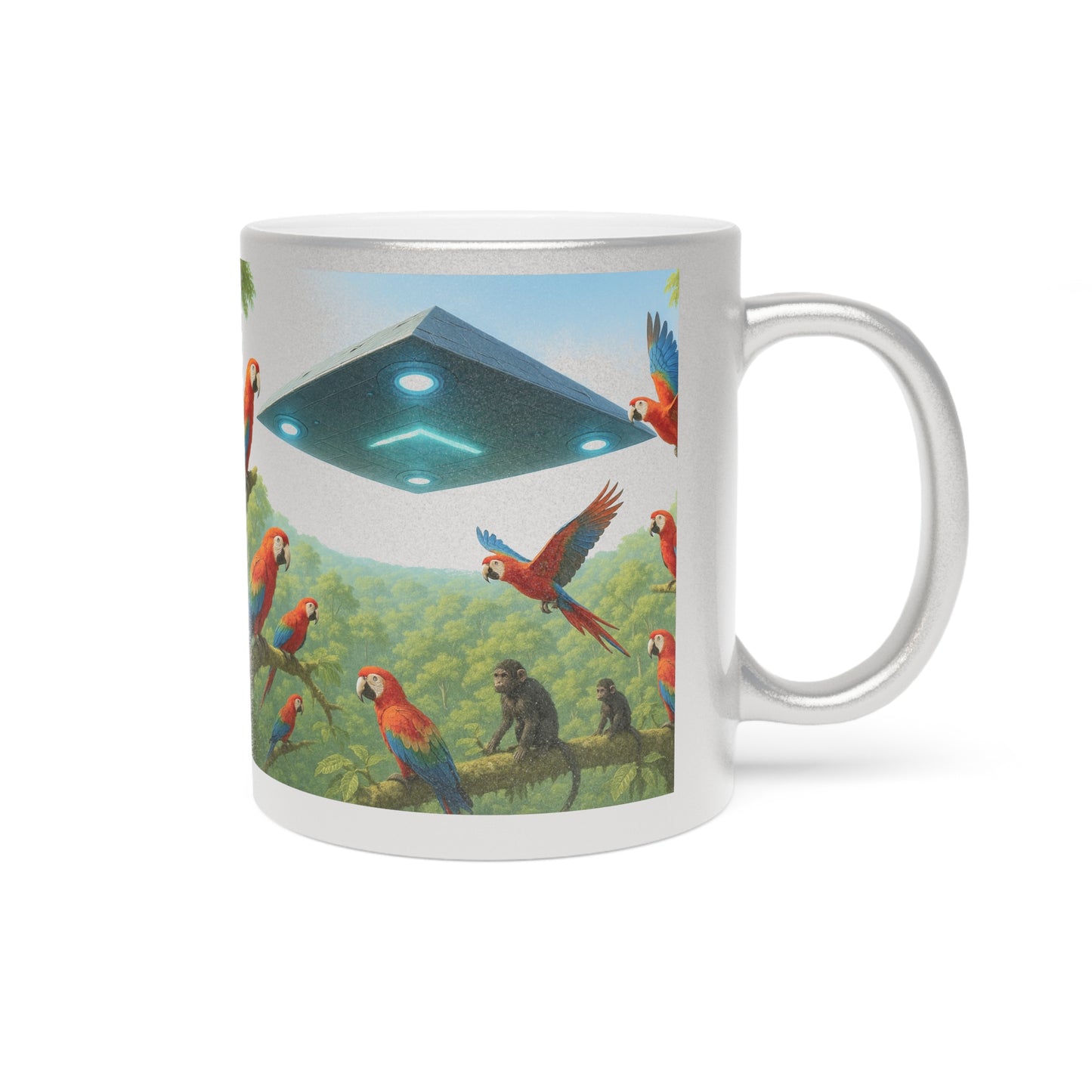 Tropical Metallic Mug, Gold or Silver: UFO and Parrots