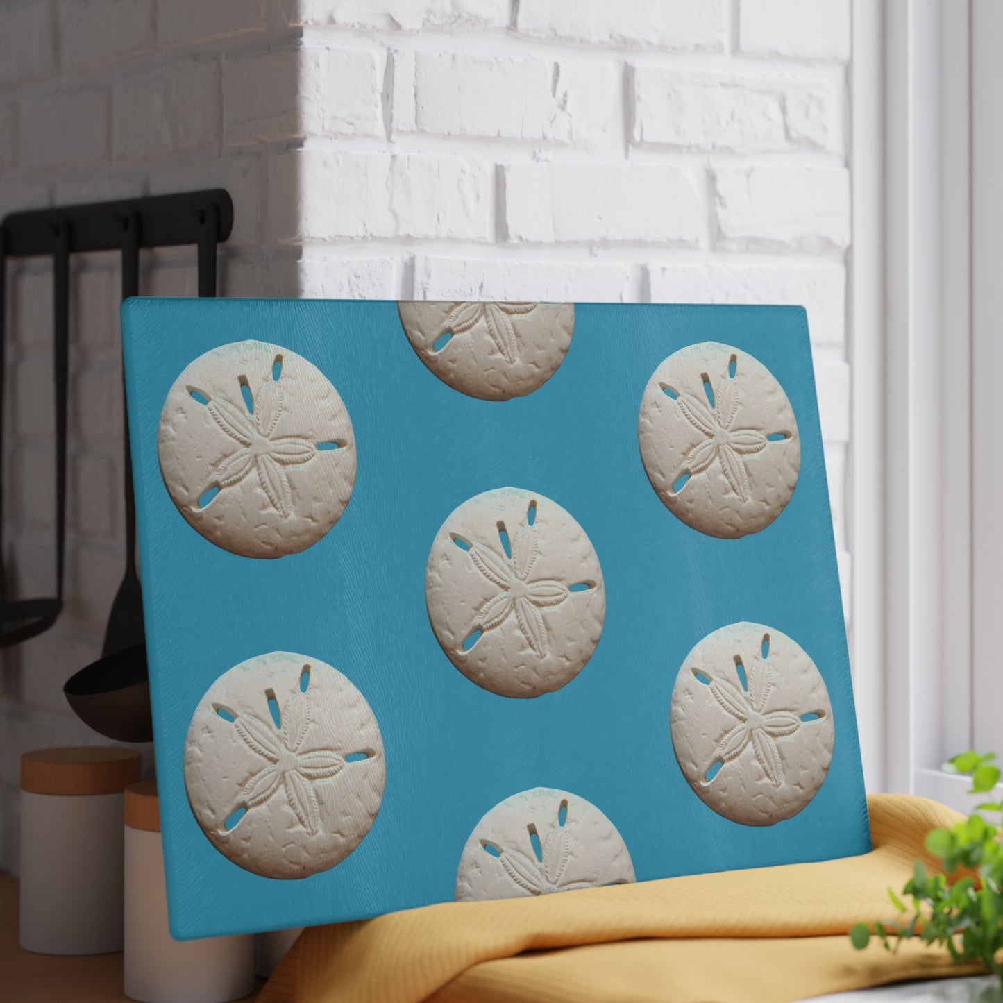 Glass Cutting Board, 2 sizes - White Sand Dollar/Turquoise