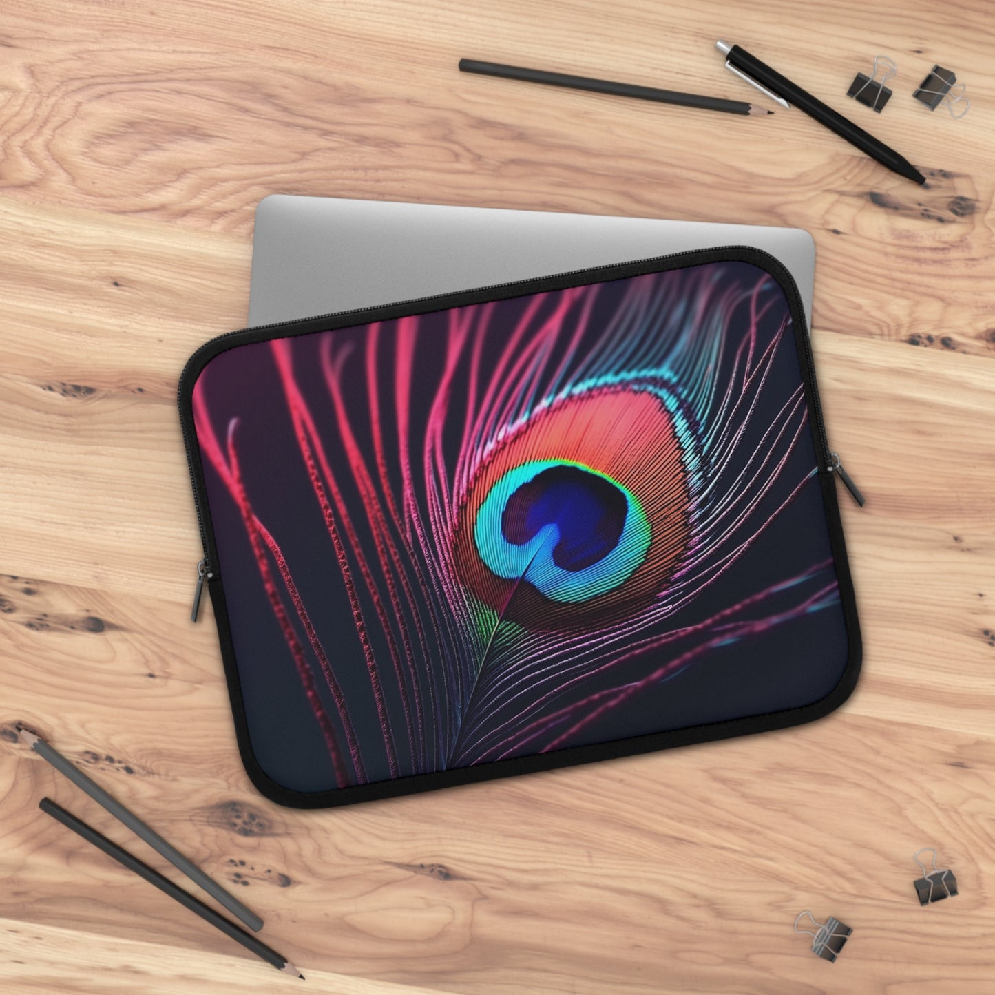 Tropical Laptop Sleeve, 5 Sizes - Perfect for Beach Lovers & Students / Peacock Eye Feather, Magenta