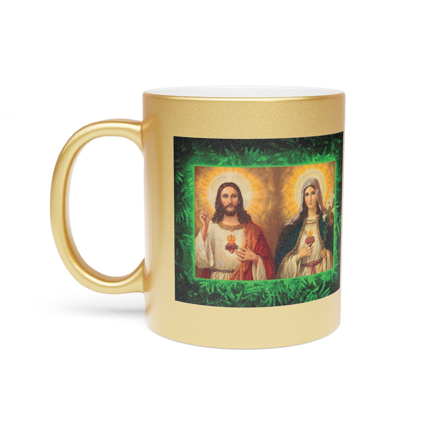 Religious Metallic Mug, Gold or Silver - "Tropical Glow Jesus and Mary"