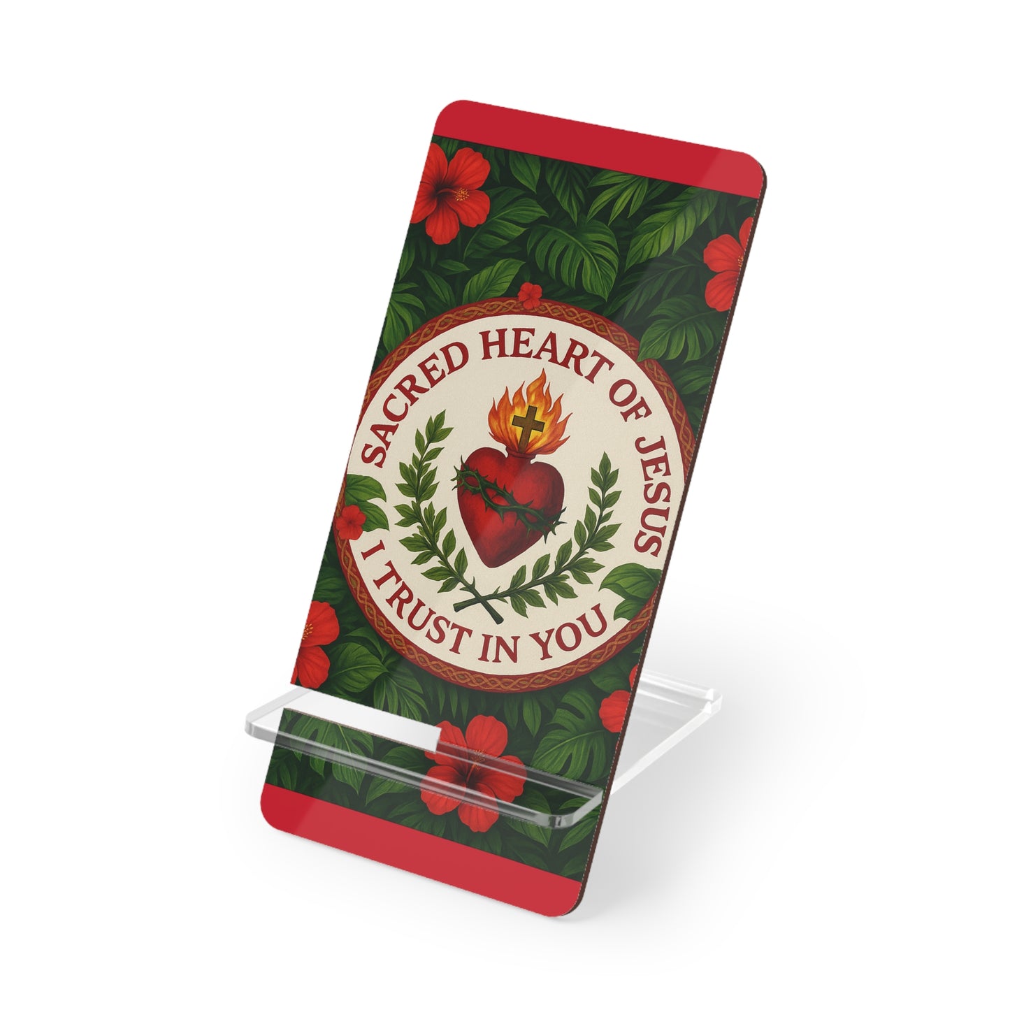 Religious Smartphone Display Stand with Sacred Heart of Jesus Prayer, Dark Red