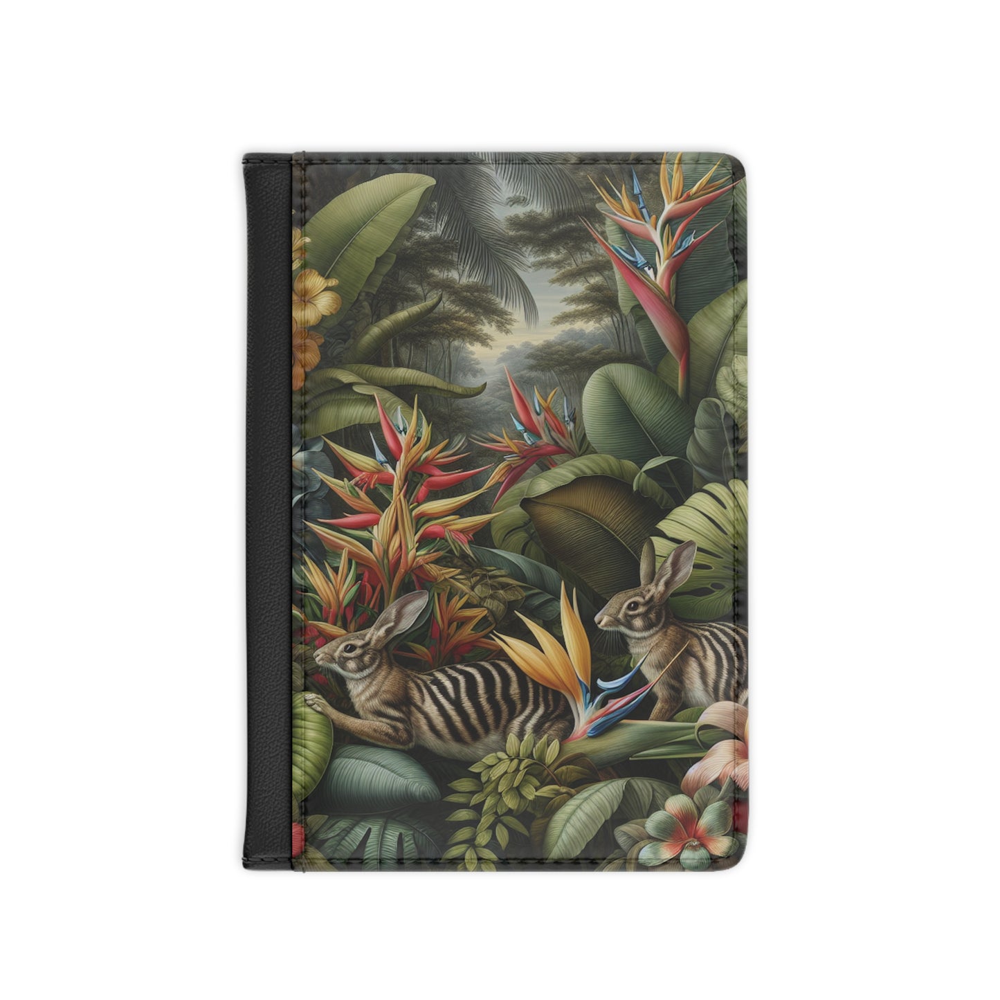 Tropical Passport Cover, Faux Leather - RFID blocking for travel security / Rainforest Rabbit Outing