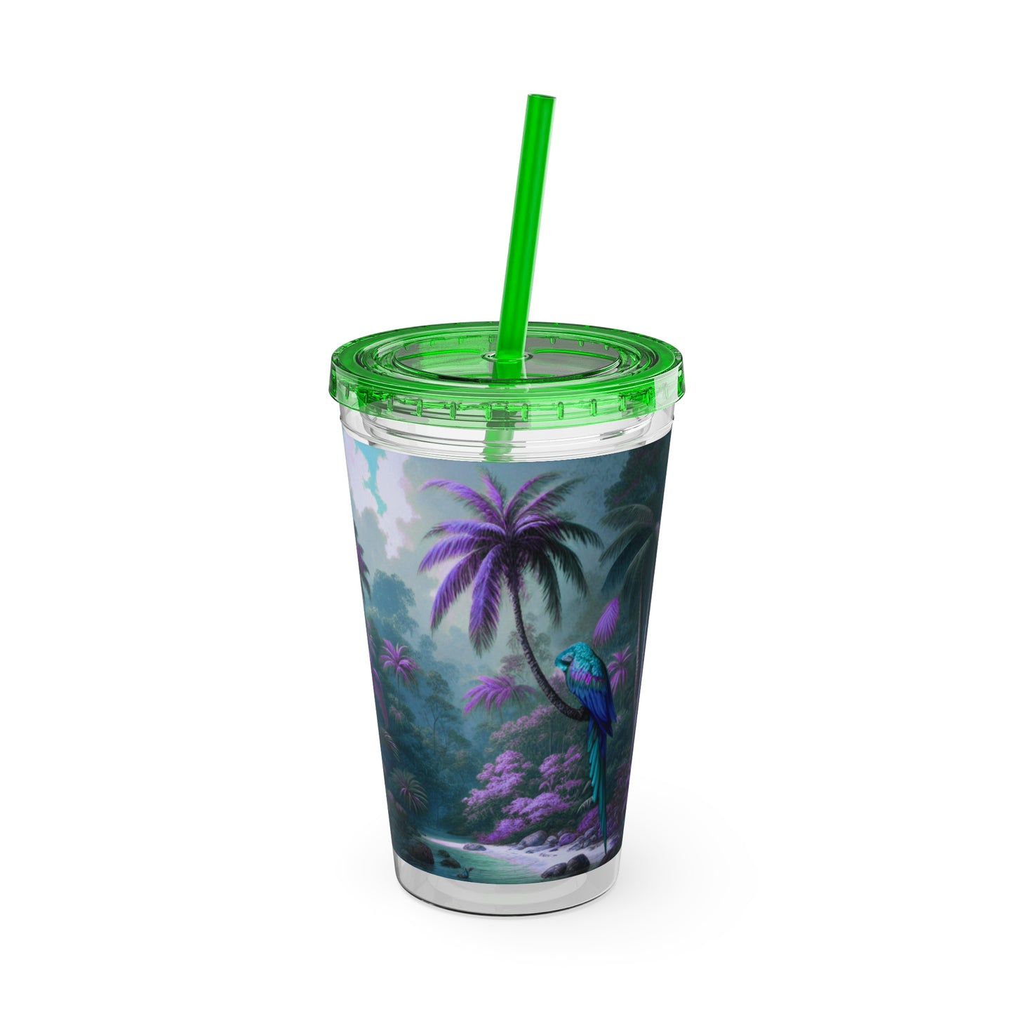 Tropical Tumbler with Straw | 16oz Colorful Travel Cup / Sleeping Parrot/Fantasy