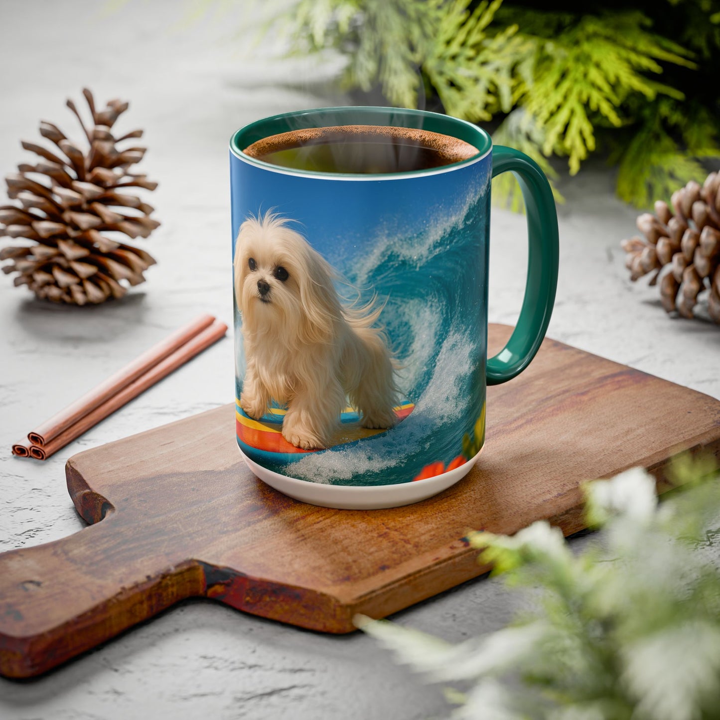Vibrant Beach Coffee Mug - 11oz & 15oz / Puppy Ariel the Dog Surfer