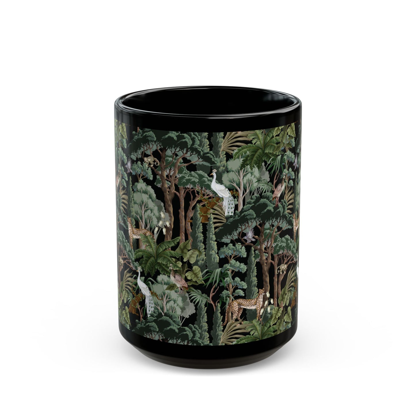 Black Mug (11oz, 15oz), Hiding Peacocks, Night