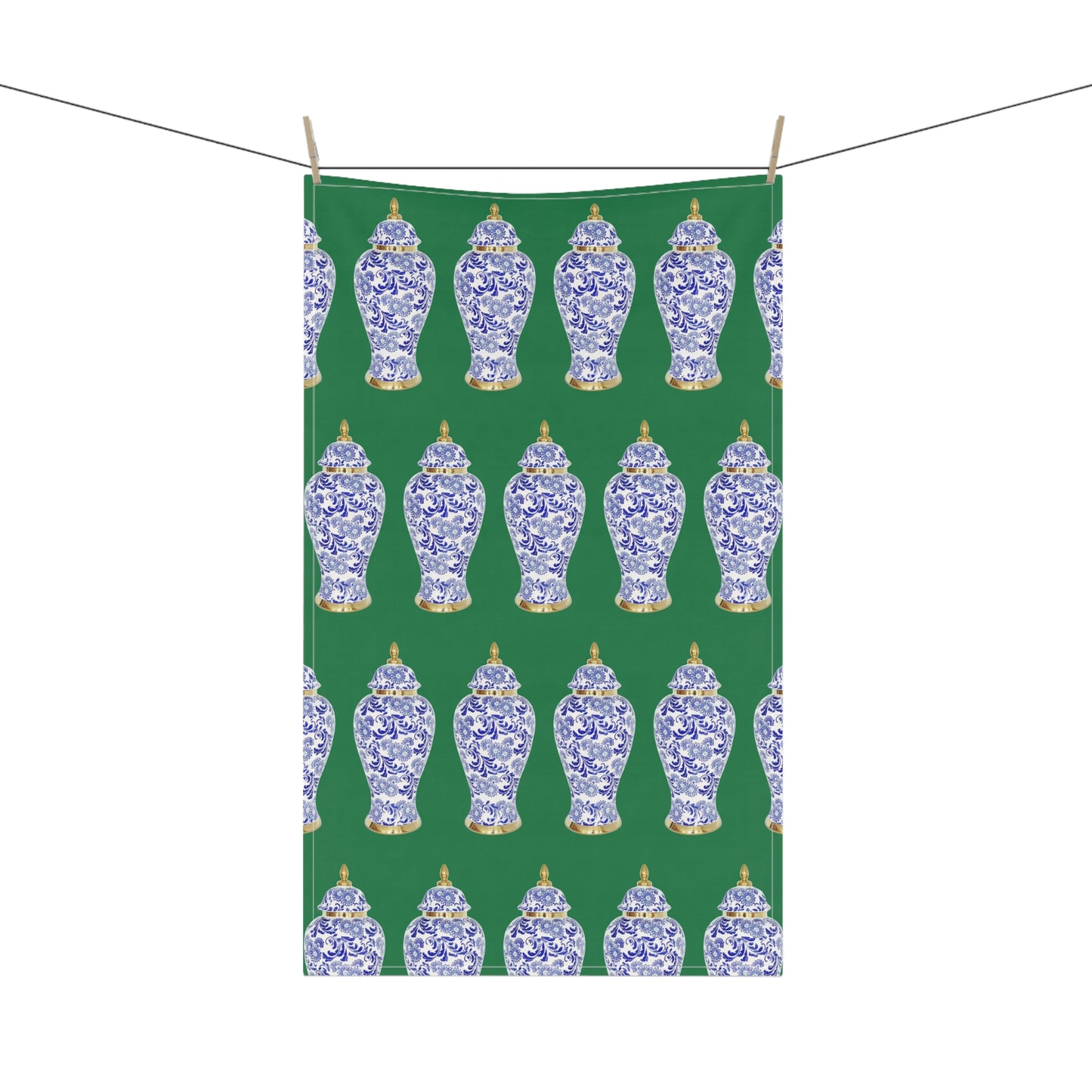 Tea Towels (cotton, poly), Blue and Gold Ginger Jar repeat dark green