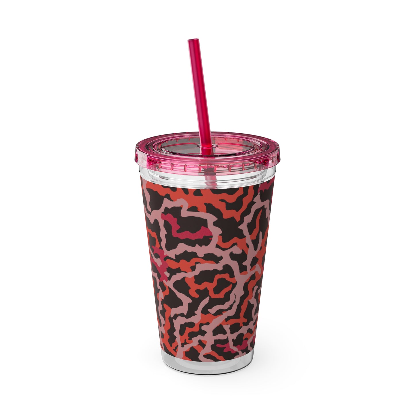Tropical Tumbler with Straw | 16oz Colorful Travel Cup / Coral Threads, Red