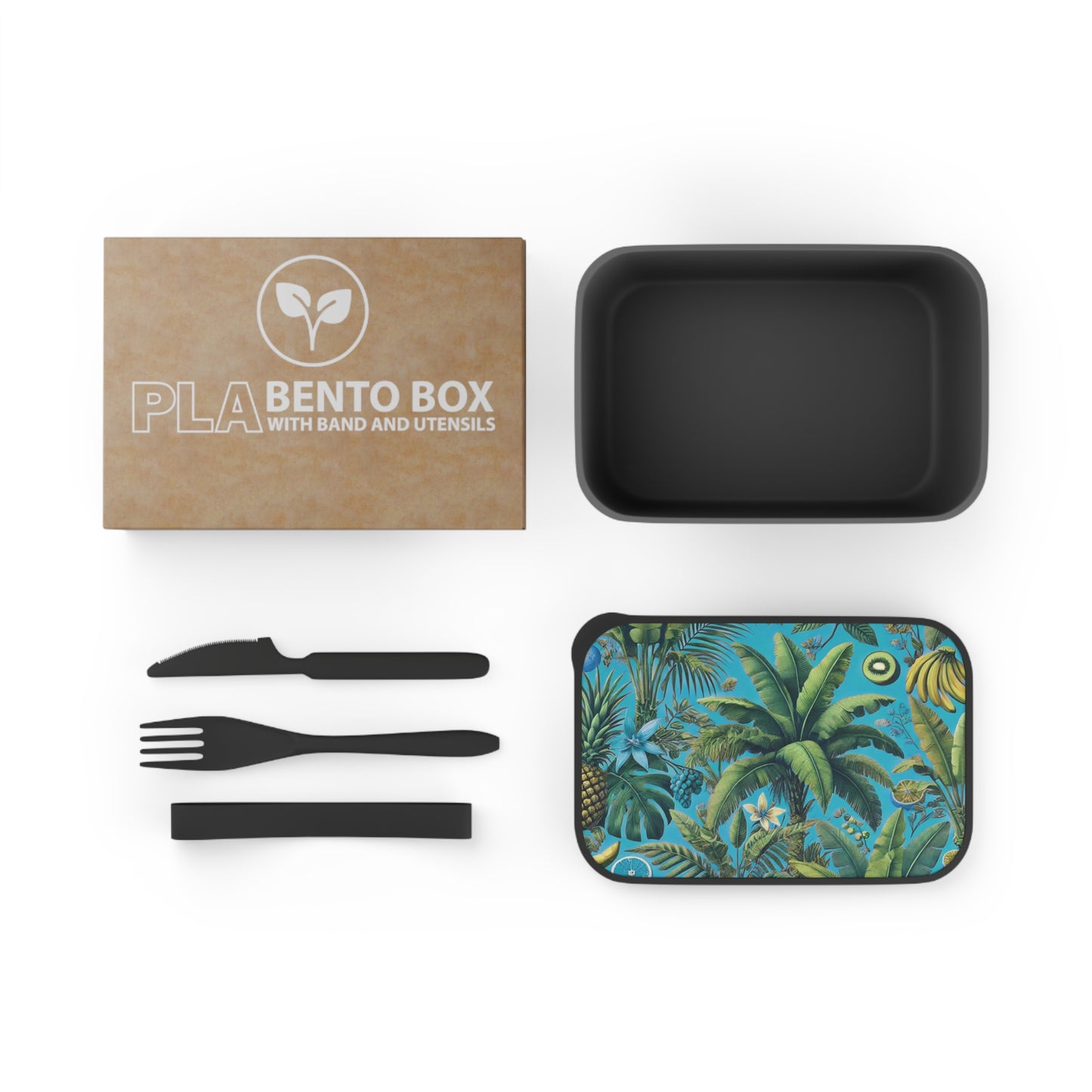 Bento Box with Utensils - More Tropical Fruit, Aqua Blue