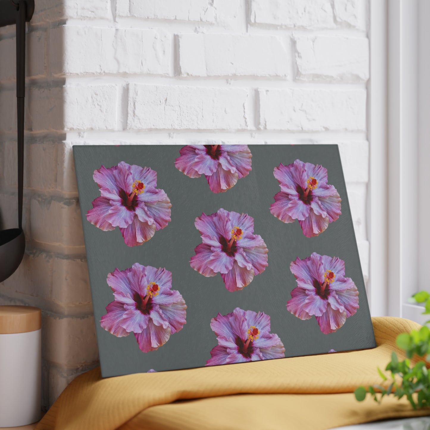 Glass Cutting Board, 2 sizes - Real Purple Hibiscus/Dark Grey