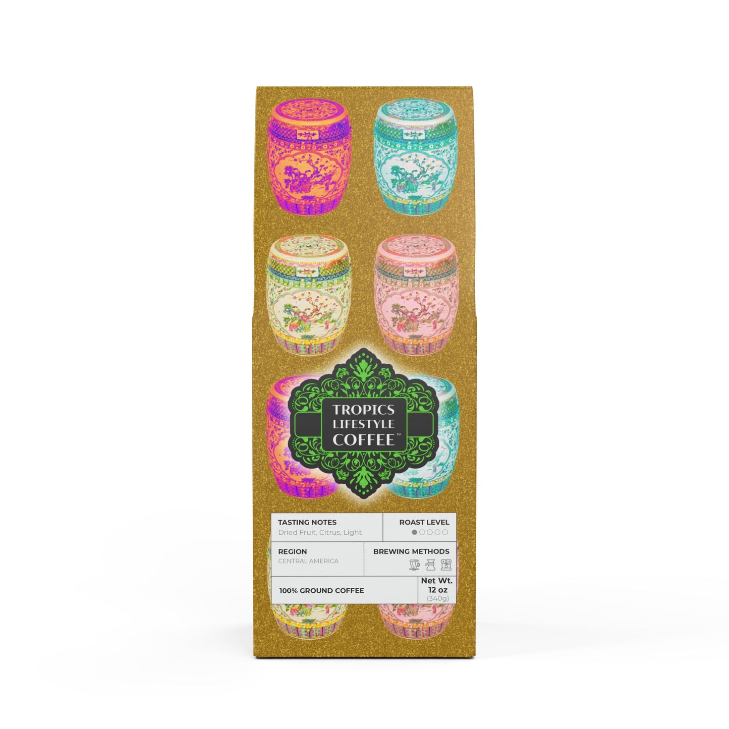 Beach Sunrise Blend™ (Light Roast) Specialty Grade Craft Coffee / Tropical Garden Stools, Gold