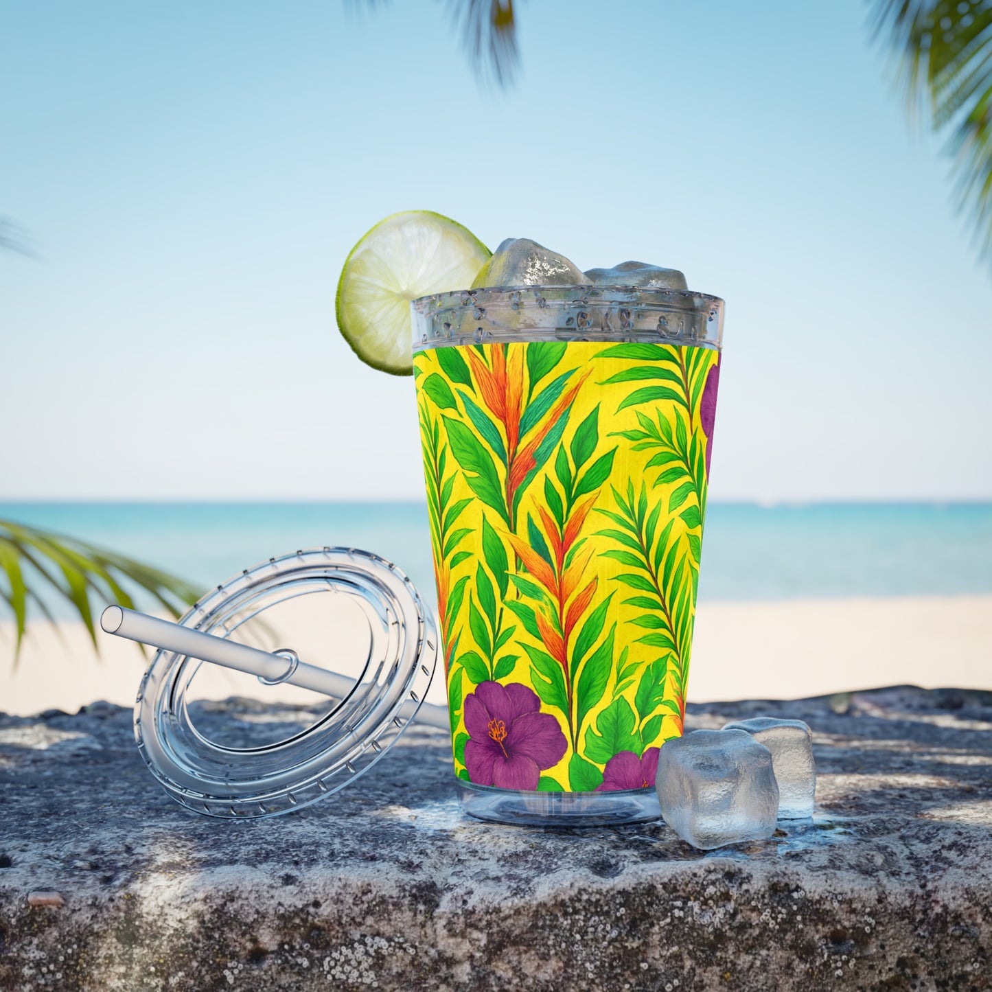 Tropical Tumbler with Straw | 16oz Colorful Travel Cup / Midnight Flower Yellow