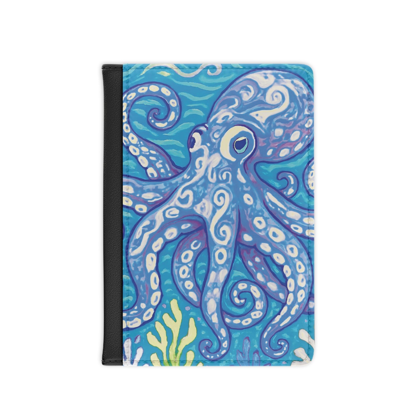 Tropical Passport Cover, Faux Leather - RFID blocking for travel security / Octopus Kraken Joe, Blue