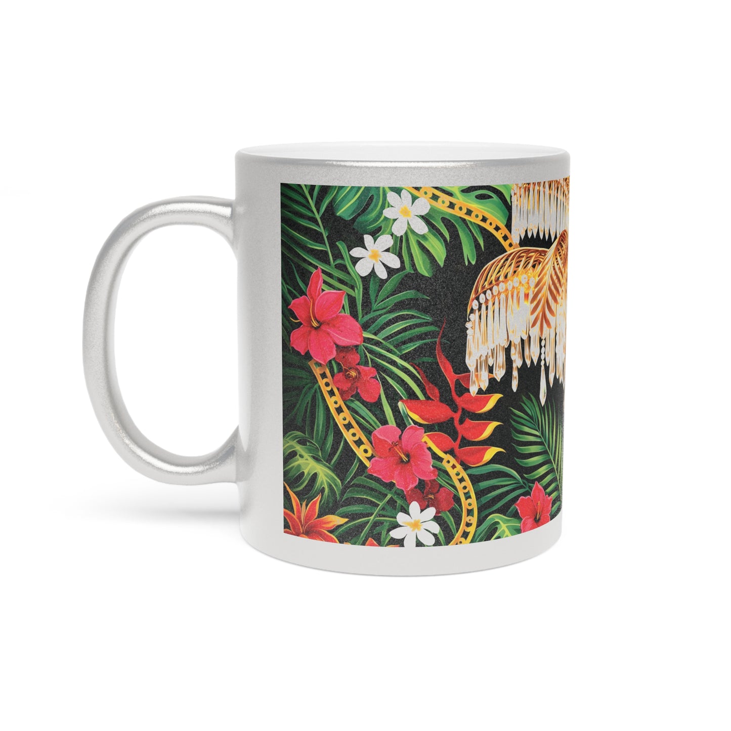 Tropical Chandelier Metallic Mug — Gold & Silver Floral Travel Coffee Cup