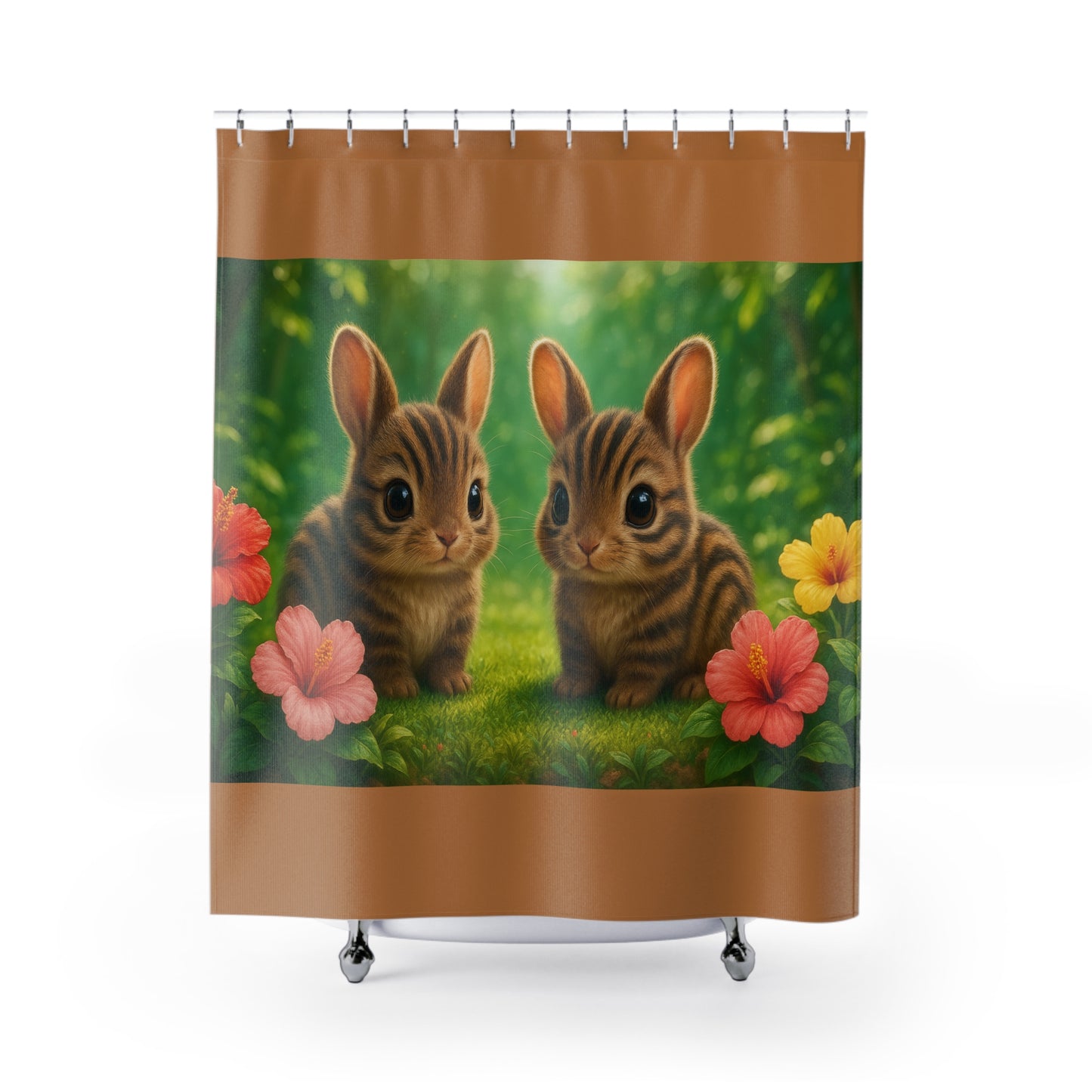 Tropical Shower Curtain - Rainforest Bathroom Decor / Baby Sumatran Rabbits/Lt. Brown