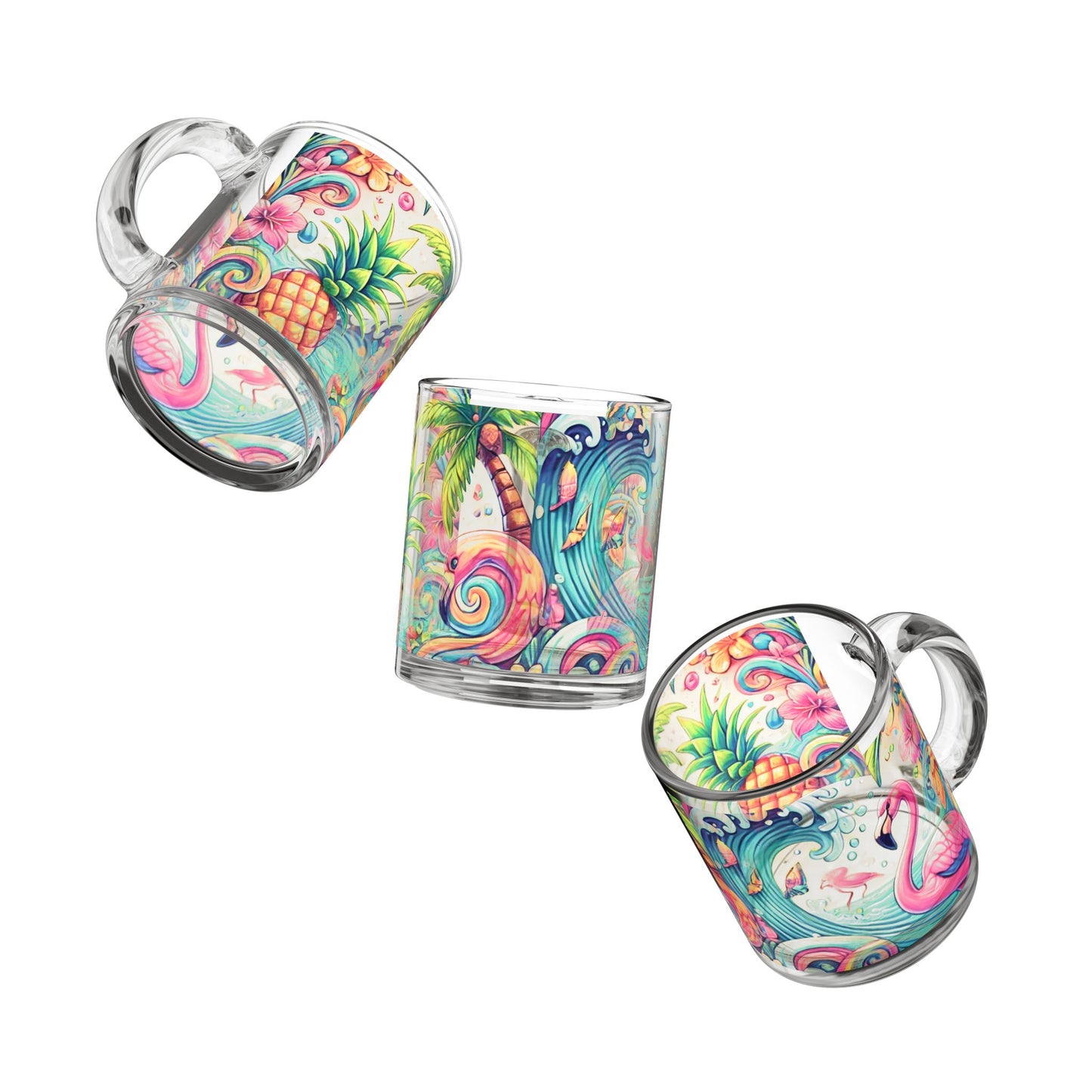 Tropical Glass Mug - 10oz Coffee Cup / Flamingo Waves