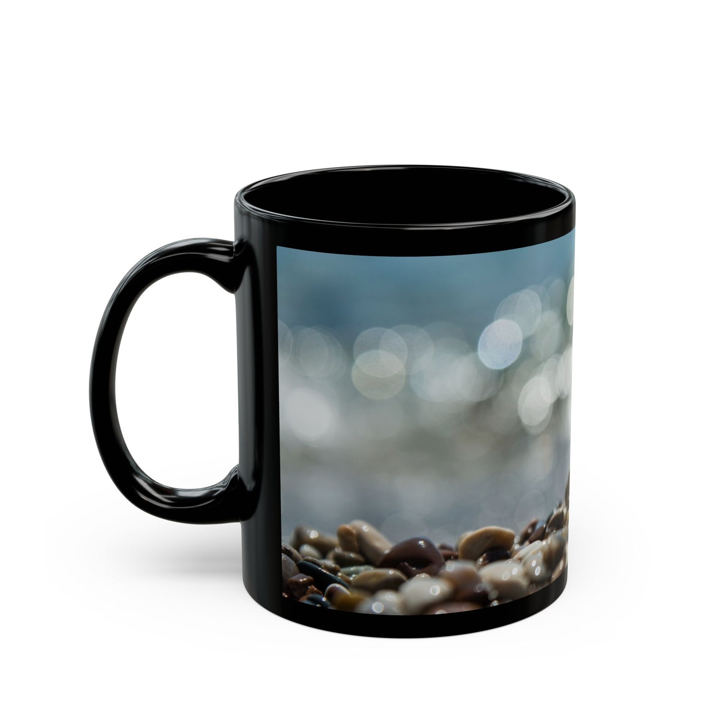 Black Mug (11oz, 15oz), Crystal Ball on Pebbled Beach