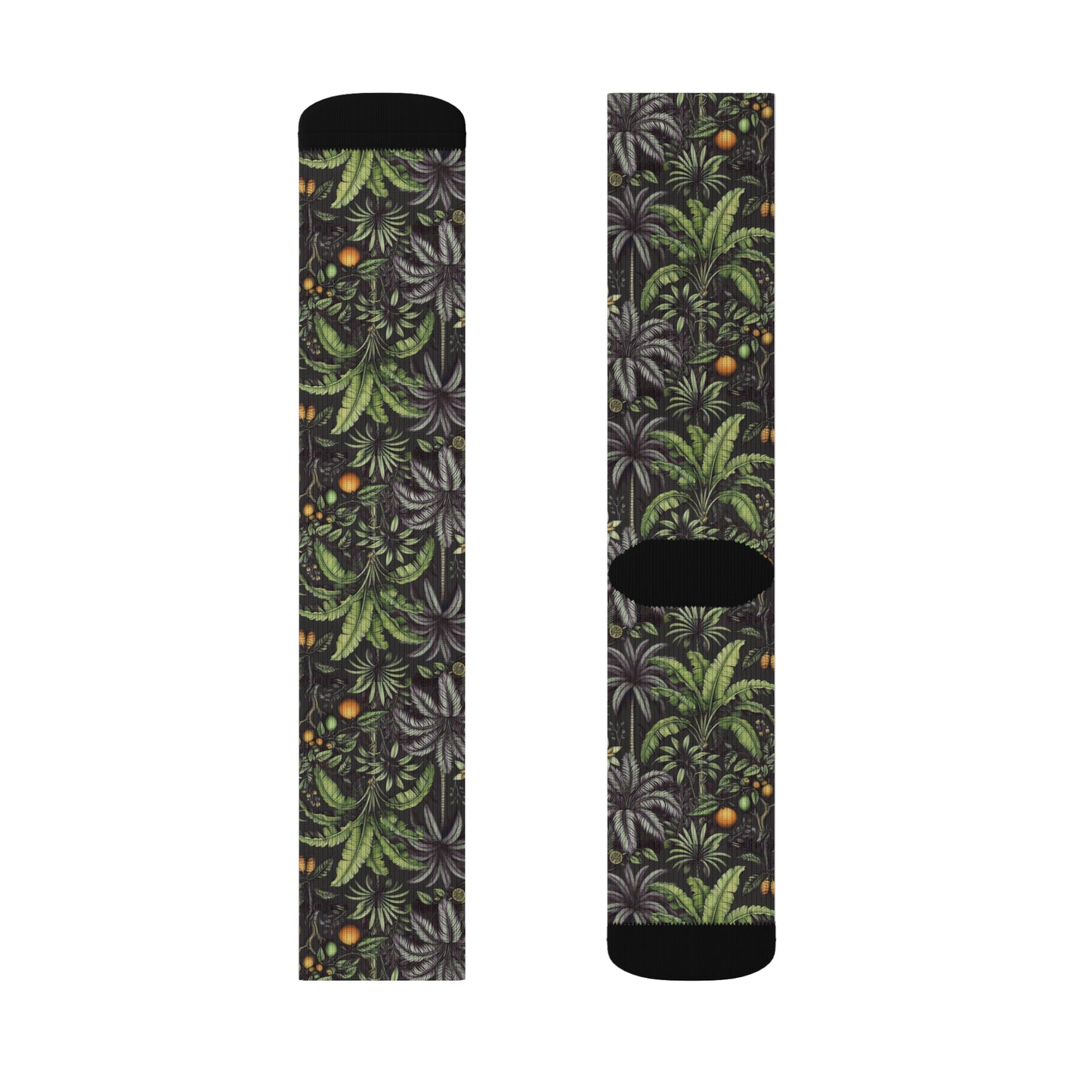 Tropical Fruit/Black Sublimation Fleece-Lined Socks - Colorful Palm Tree Design