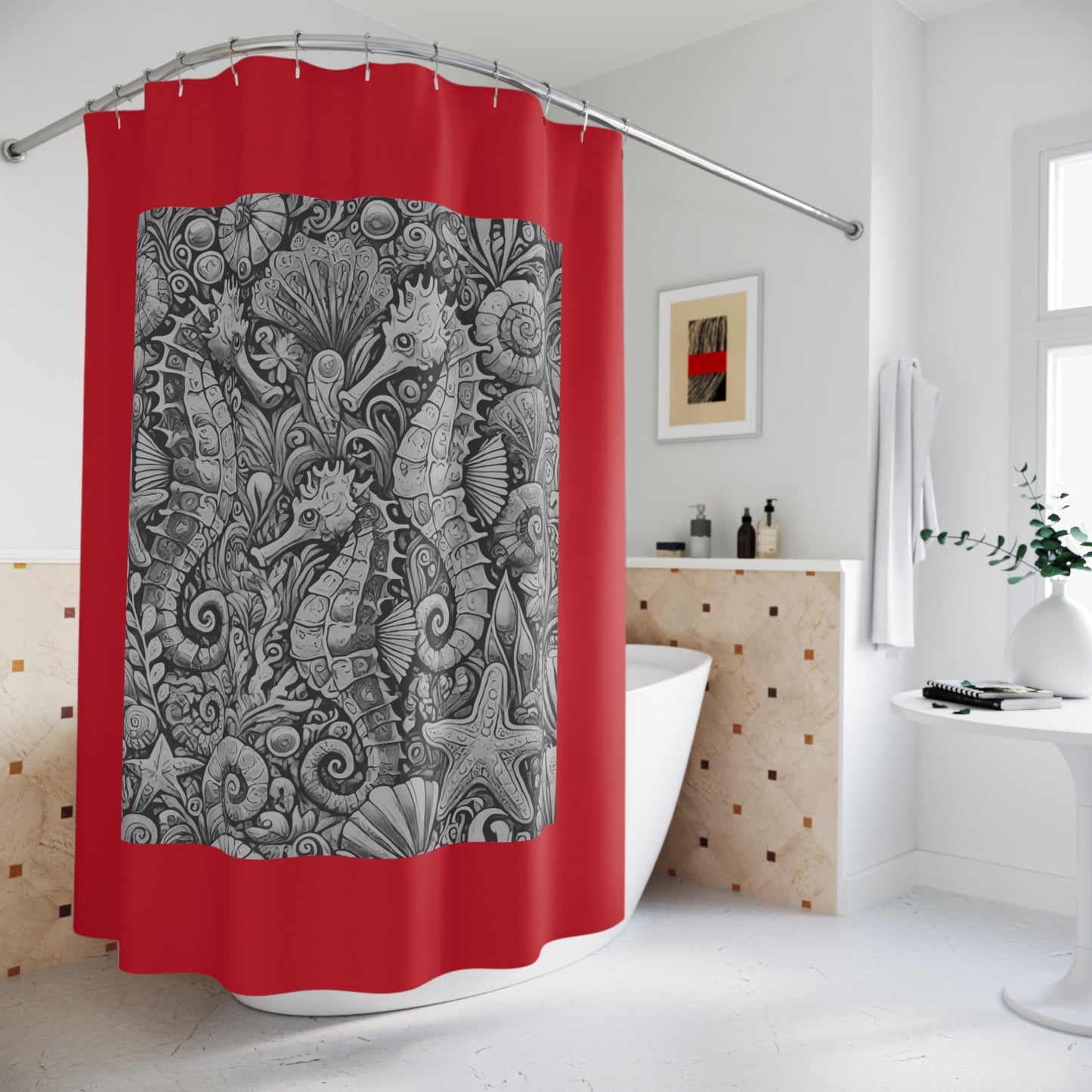 Tropical Shower Curtain - Ocean Bathroom Decor / Seahorse Trio Noir/Dark Red
