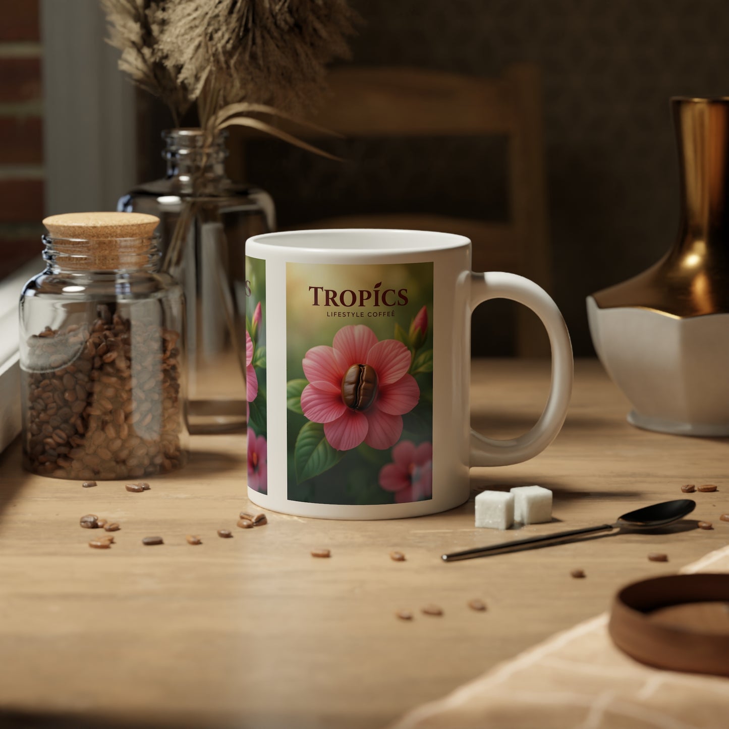 Jumbo Mug, 20oz, Pink Flower/Bean TLCoffee Logo | Tropical Coffee Cup
