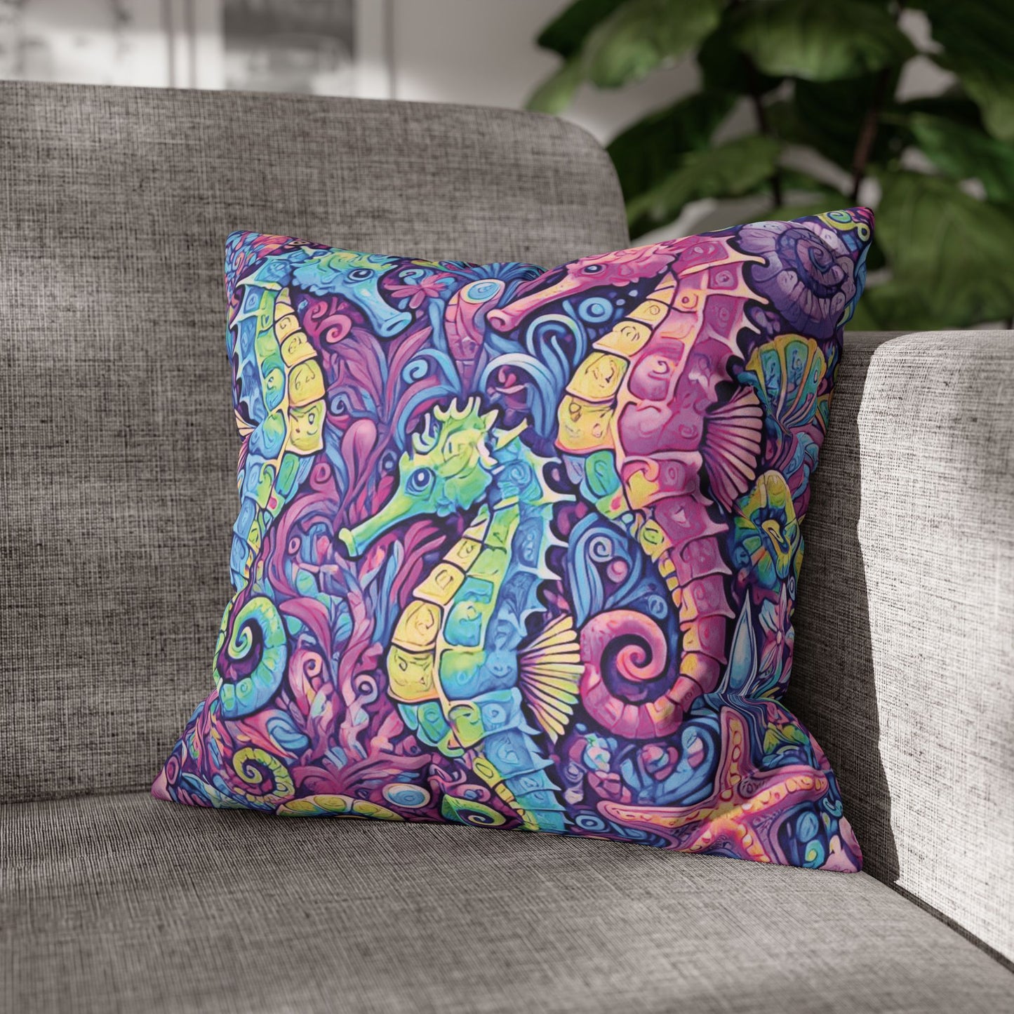 Faux Suede Square Pillowcase - Seahorse Trio/Fantasy Pop