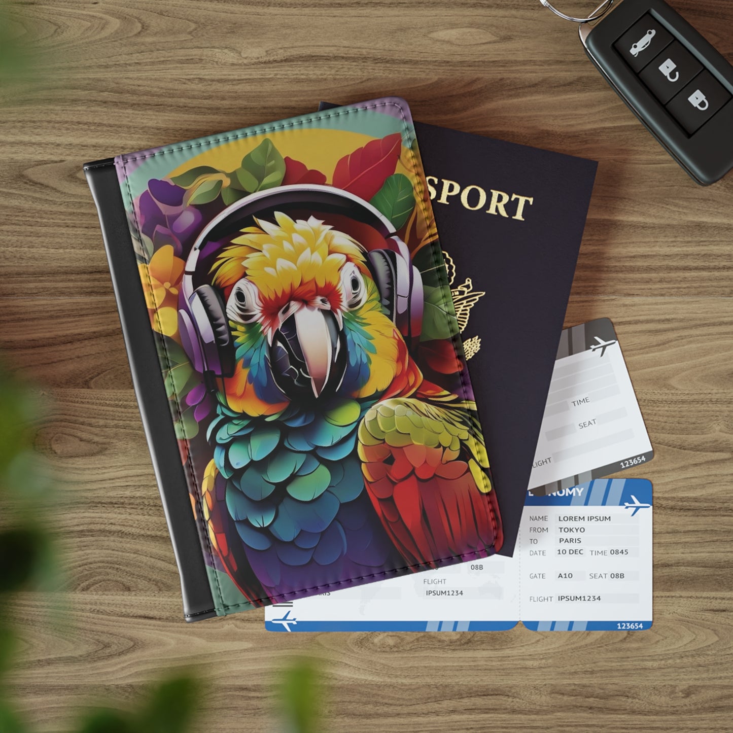 Tropical Passport Cover, Faux Leather - RFID blocking for travel security / Rockin' Out Parrot