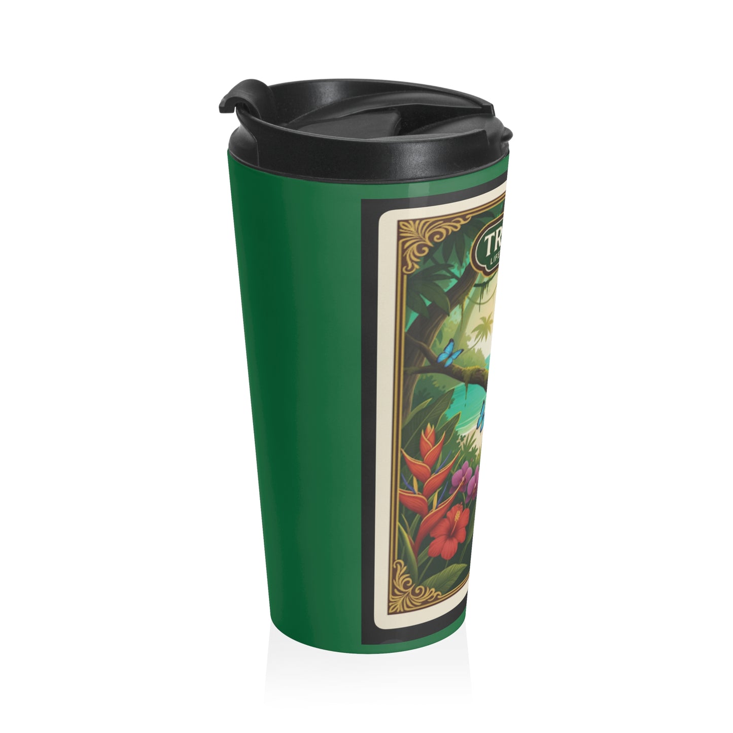 15 oz. Stainless Steel Travel Mug / Parrot & Friends, Dark Green