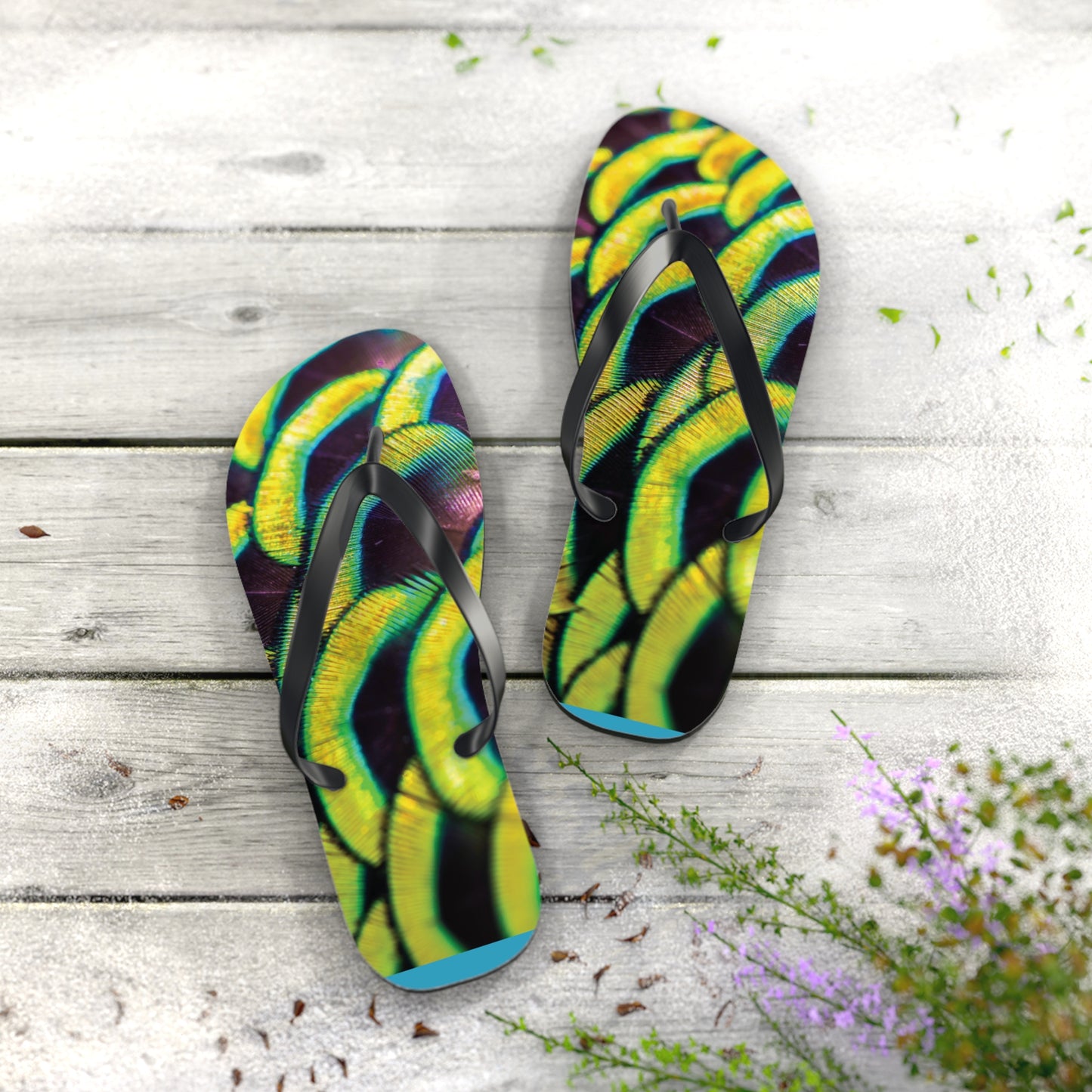 Flip Flops - Yellow Peacock Feathers