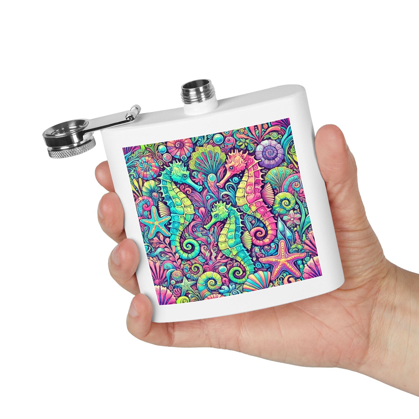 Tropical Stainless Steel 6 oz. Flask, Many Colors  – Seahorse Trio