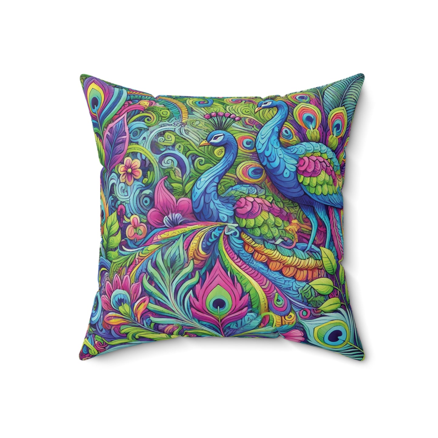 Spun Polyester Square Pillow - Rainforest Peacocks Pop