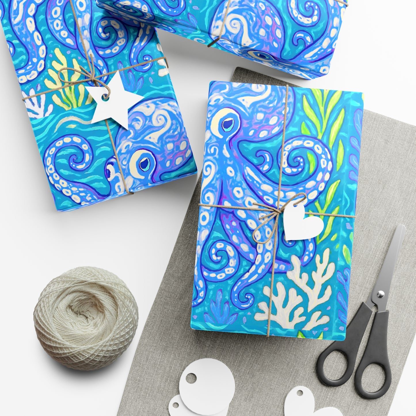 Wrapping Paper - Tropical Gift Wrap for All Occasions / 3 Sizes, 2 Finishes / Octopus Kraken Joe, Blue