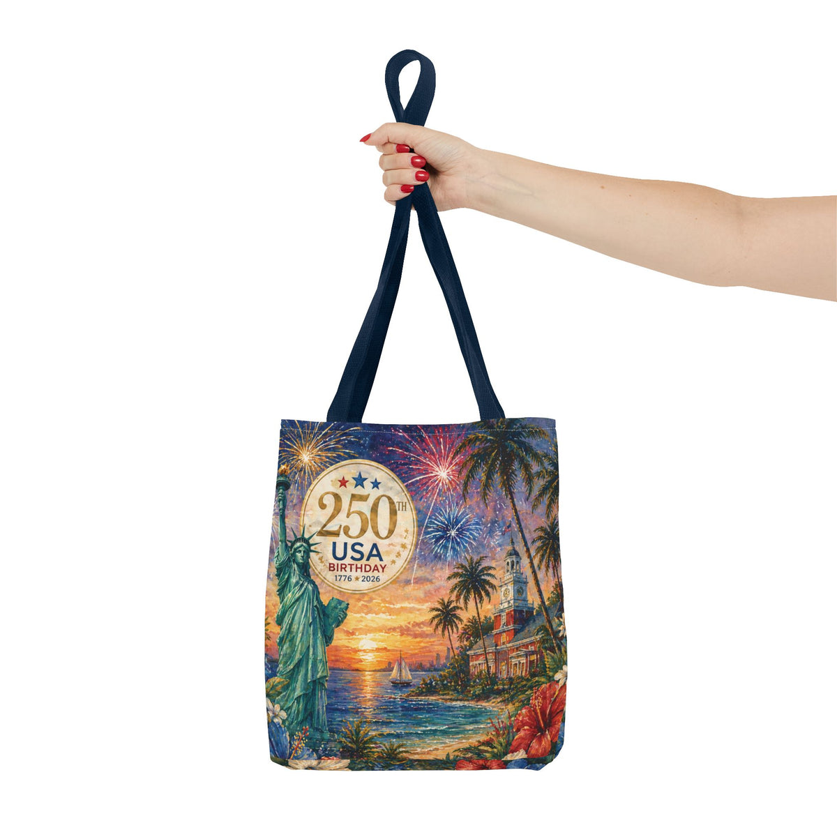 Tote Bag — 250th USA Birthday Patriotic Beach Tote with Statue of Liberty & Fireworks