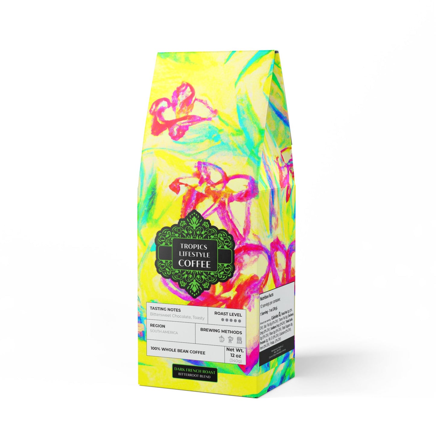 Black Coral Blend™ (Dark French Roast) Specialty Grade Craft Coffee / Tropical Doodles, Yellow